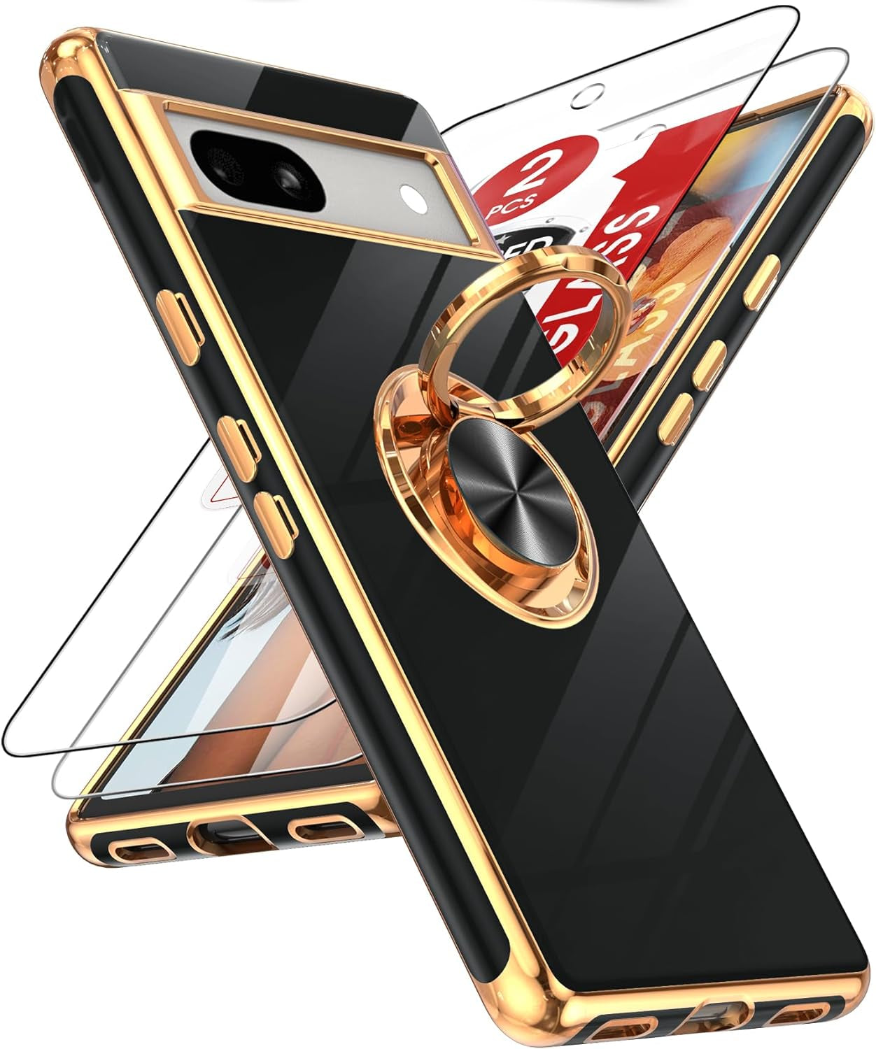 Leyi for Pixel 6A Case: with Tempered Glass Screen Protector [2 Pack] 360° Rotatable Ring Holder Magnetic Kickstand, Plating Rose Gold Edge Protective Google Pixel 6A Case, Pink  LeYi Black Google Pixel 7A 