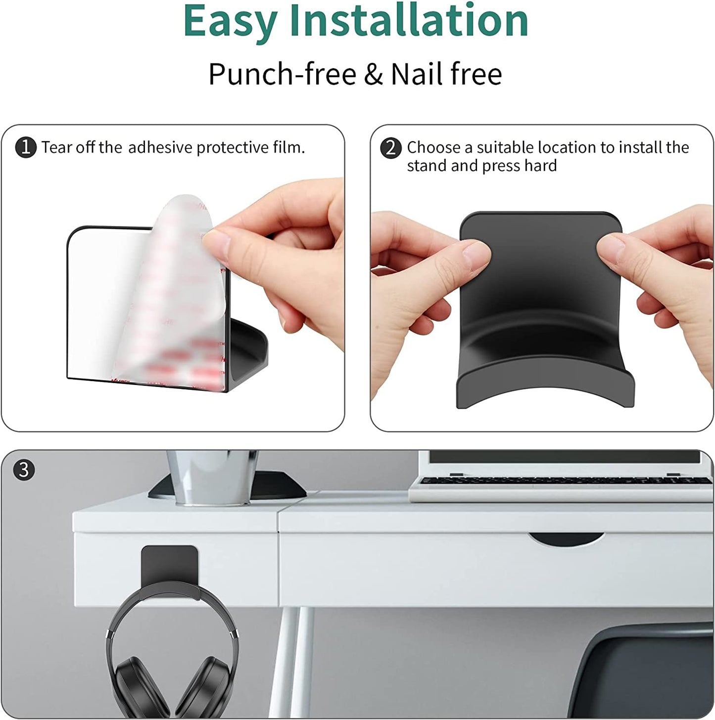 Homemount Headphone Stand Headset Holder - Adhesive Gaming Headphone Hanger Hook Desk Mount for Most Headphone & Controller (Black)  HomeMount   