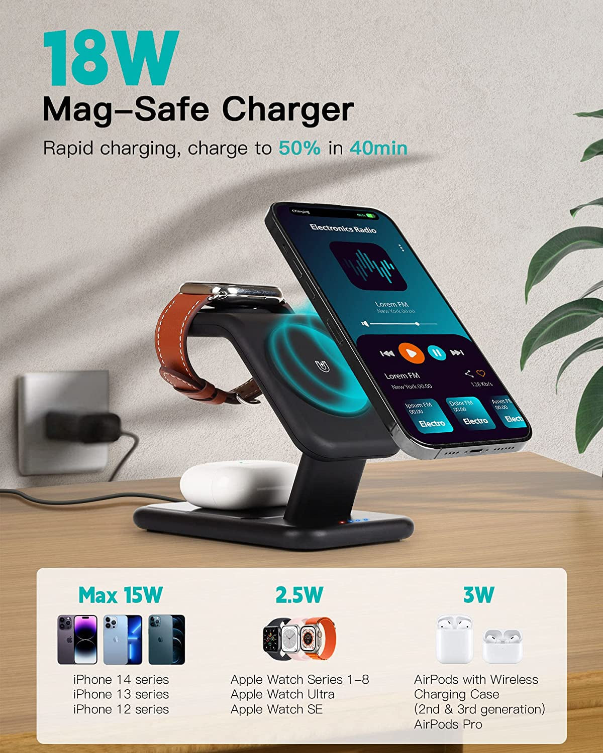 3-In-1 Magsafe Charger Stand, 18W Fast Magnetic Charger for Iphone 14, 13 & 12 Series - Apple Watch & Airpods, Wireless Charging Station for Multiple Devices with Adapter and LED  Zyerch   