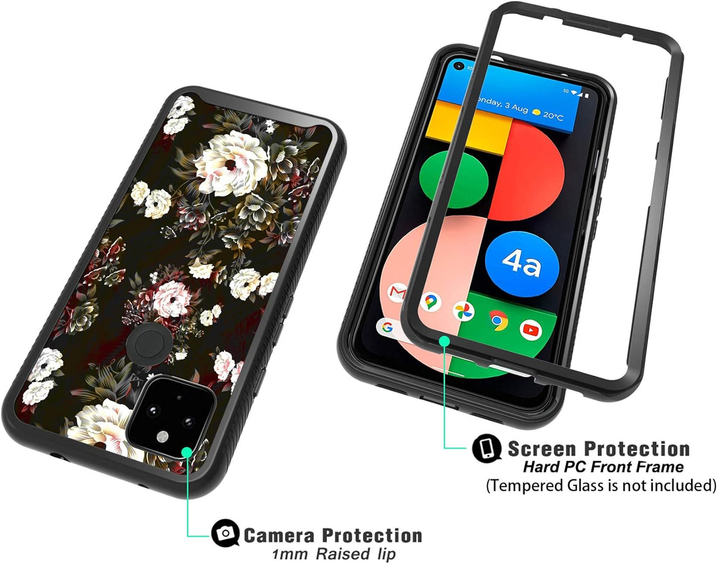 Shinymax Pixel 4A 5G Case with Roses Design,Google Pxiel 4A 5G Phone Case,Hybrid Triple Layer Armor Protective Cover Flexible Sturdy Anti-Scratch Shockproof Cute Case for Women and Girls-Flowers/Black  ShinyMax   