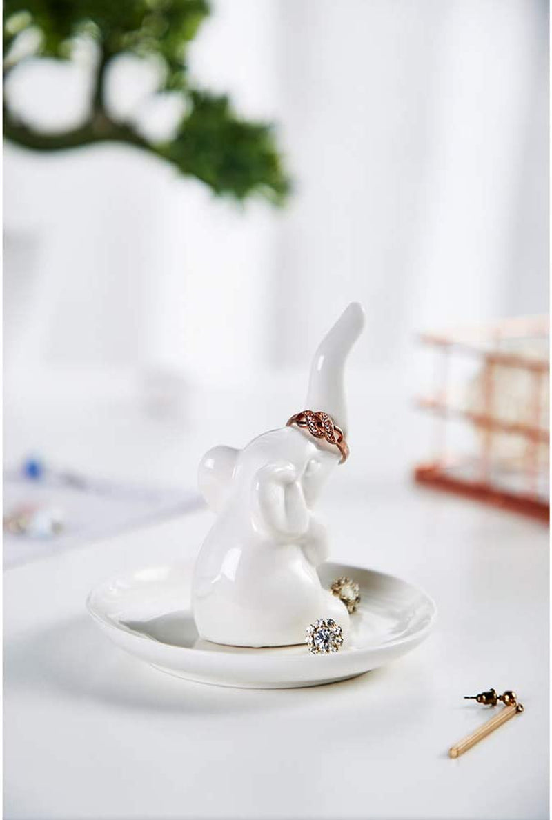 HOME SMILE Elephant Ring Dish Holder for Jewelry,Elephant Gifts for Women Chritsmas,Engagement Wedding Trinket Trays,Ceramic White  QY   