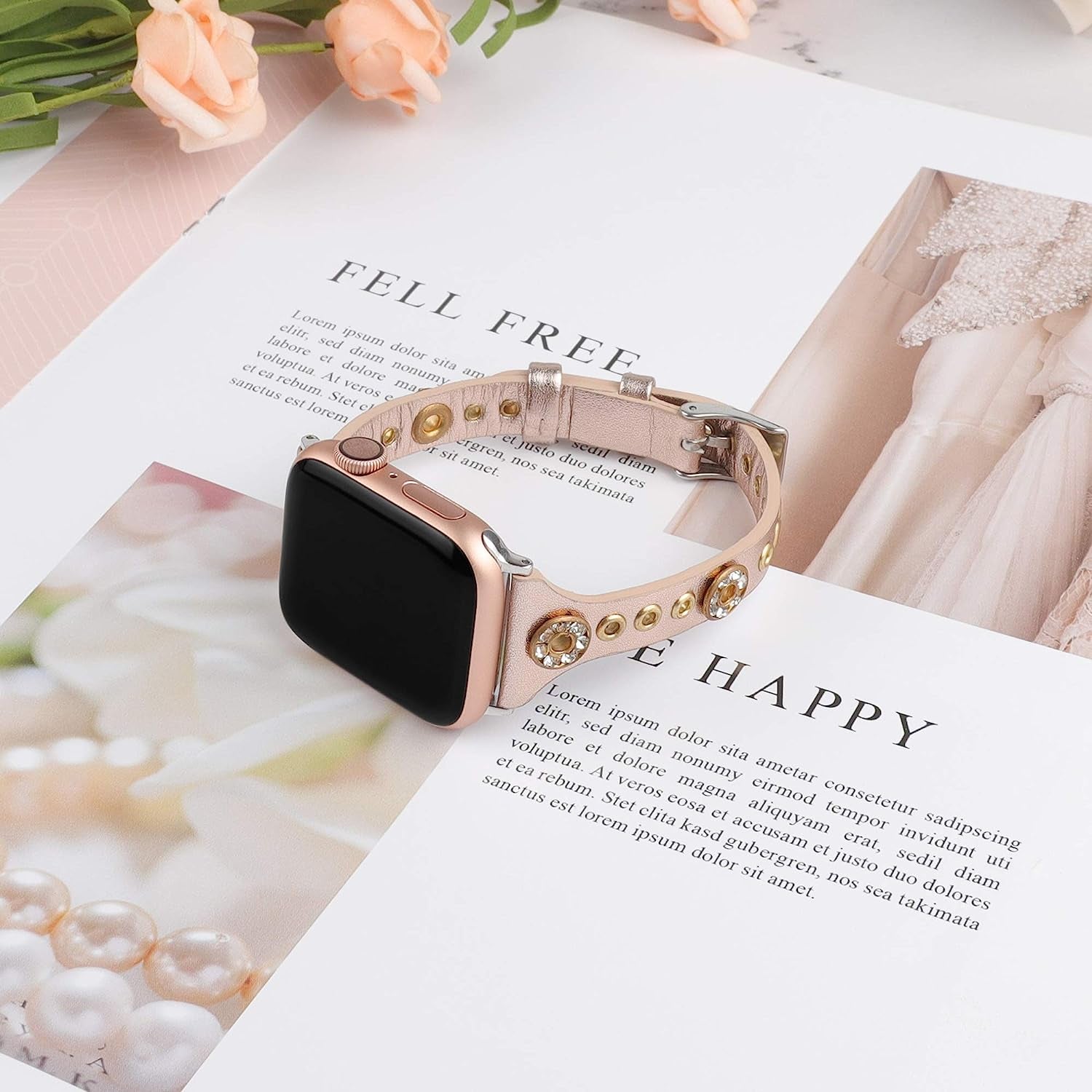 Moolia Compatible with Apple Watch Band 41Mm 38Mm 40Mm 45Mm 42Mm 44Mm Iwatch Series 8 7 6 5 4 3 2 1 for Women, Slim Leather Strap Bracelet Wristband with Bling Studs for Apple Watch Se/Ultra 49Mm  Moolia   