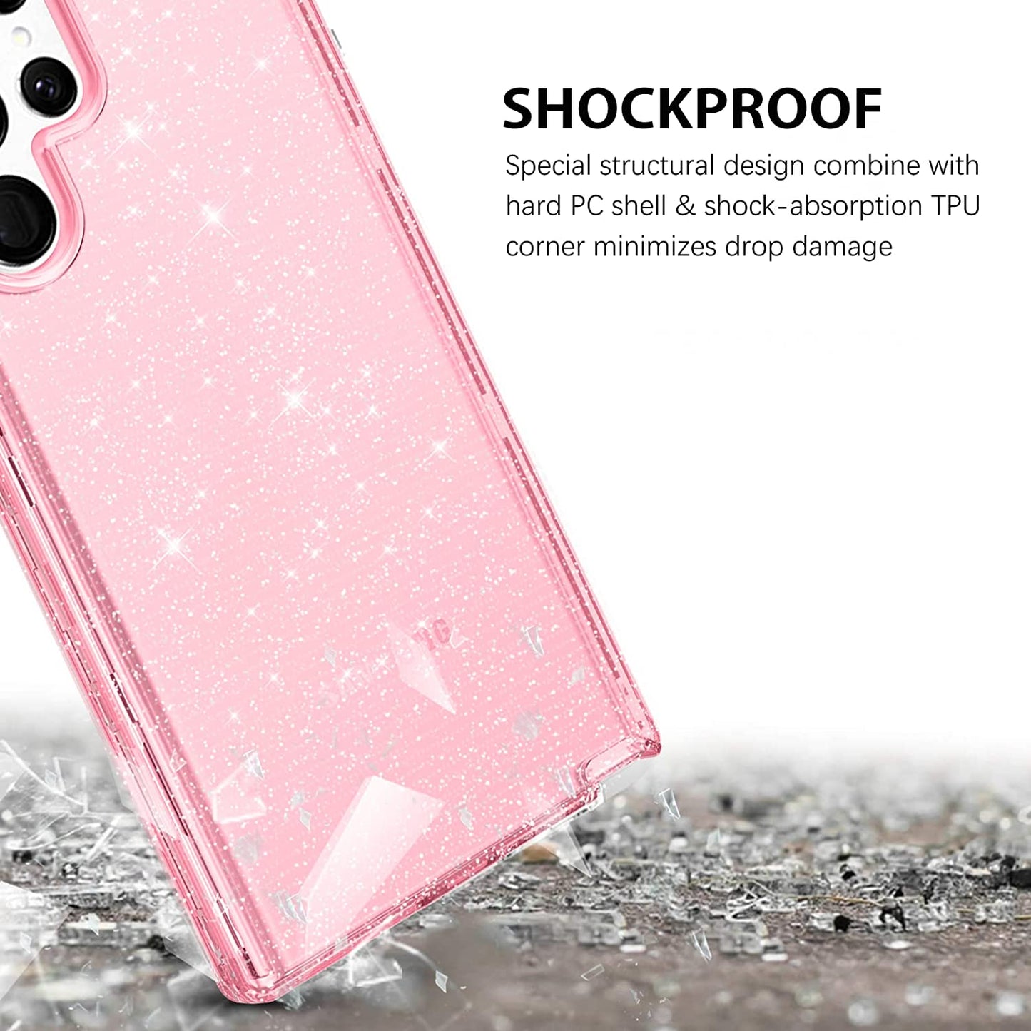 DUEDUE for Samsung Galaxy S22 Ultra 6.8" 5G Case Glitter Full Body Protective 3 in 1 Heavy Duty Hybrid Hard PC Rugged Shockproof Women Transparent Bling Sparkle Cover for Samsung S22 Ultra, Pink Clear  DUEDUE   