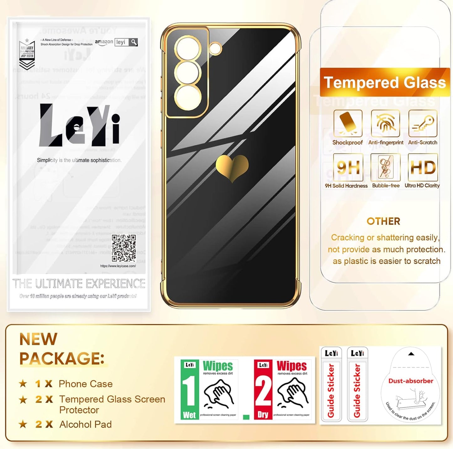 Leyi for Galaxy- S21 FE 5G- Case: Screen Protector [2 Pcs]+ Full Camera Protection, Love Heart Plating Girly Women Cute Luxury Soft TPU Case for Samsung Galaxy S21 FE, Black  LeYi   
