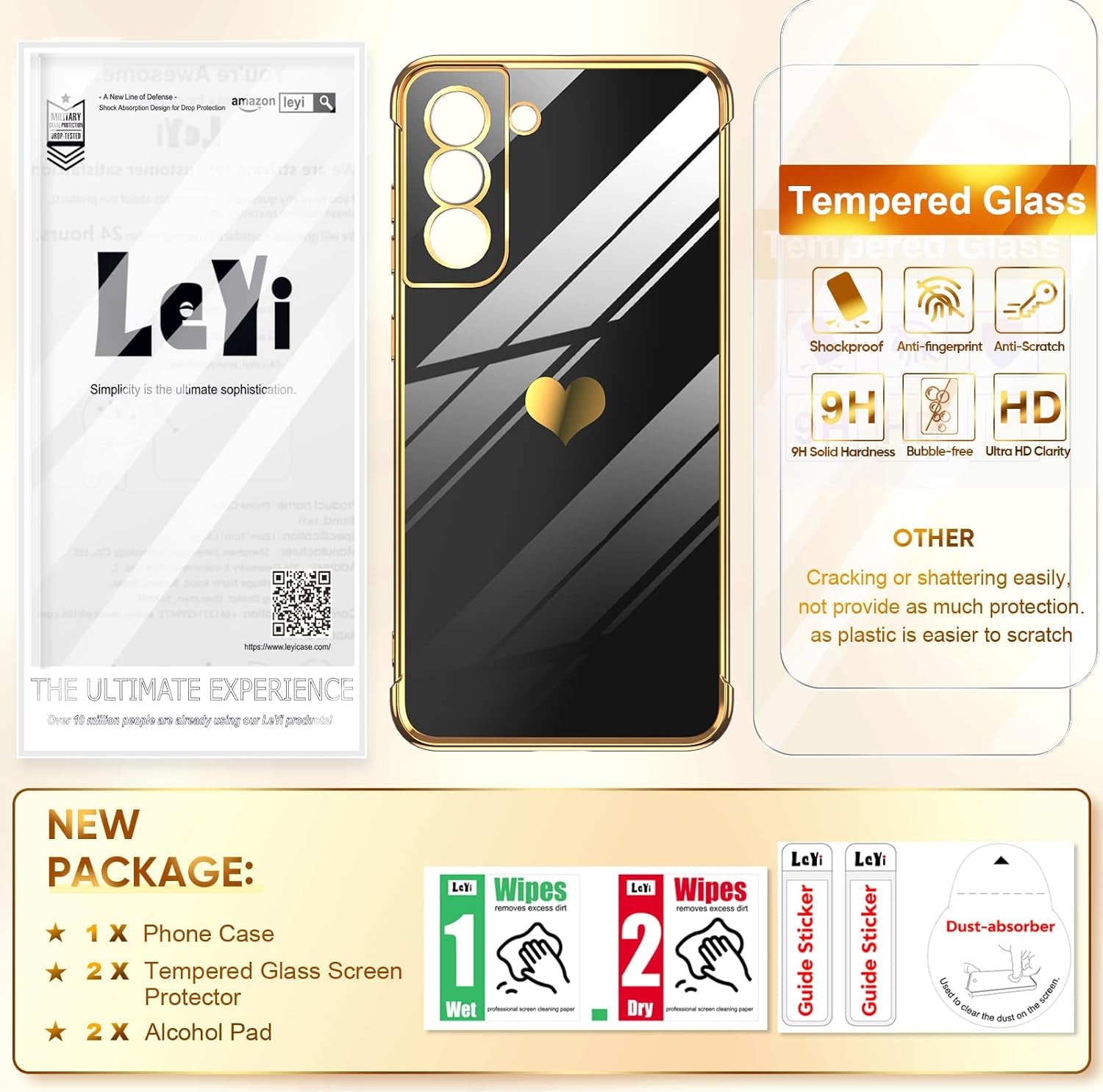 Leyi for Galaxy- S21 FE 5G- Case: Screen Protector [2 Pcs]+ Full Camera Protection, Love Heart Plating Girly Women Cute Luxury Soft TPU Case for Samsung Galaxy S21 FE, Black  LeYi   
