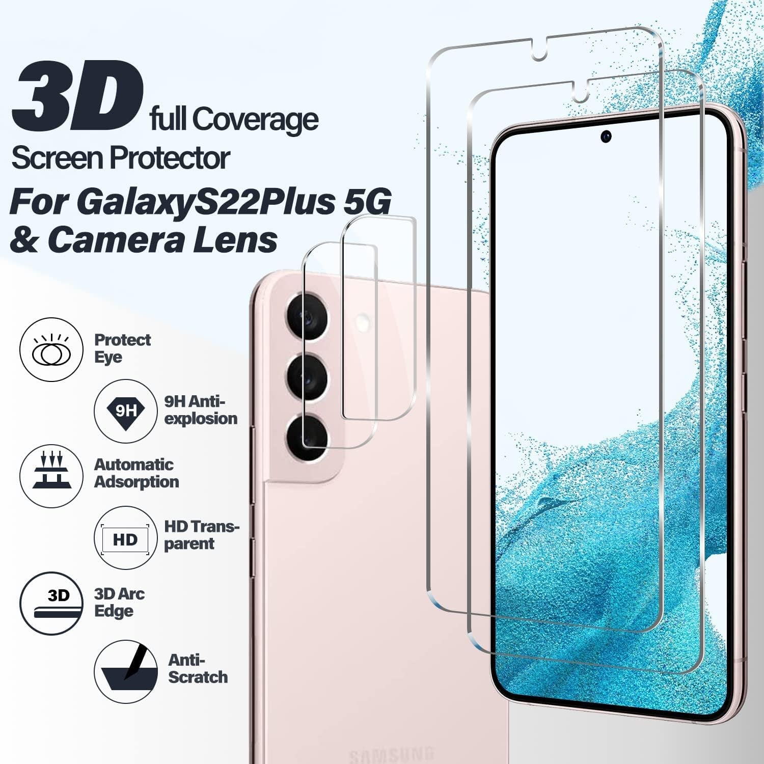 Galaxy S22 plus Tempered Glass Screen Protector + Camera Lens Protector [ 2 + 2 Pack ][Case Friendly][Anti-Scratch][Ultrasonic Fingerprint Unlock] Clear HD Protective Film for Samsung Galaxy S22 Plus  BIGFACE   