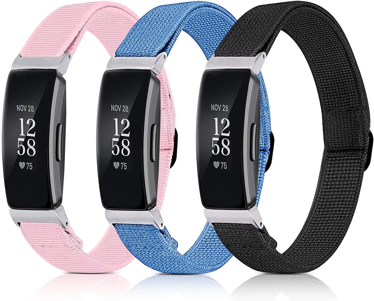 3 Pack Adjustable Fitbit Inspire 2 Bands, Compatible with Fitbit Inspire 2 / Inspire Hr/Inspire, Soft Loop Nylon Fabric Breathable Stretchy Replacement Straps for Women/Men  POHNUI Black tabby + pink tabby + blue  