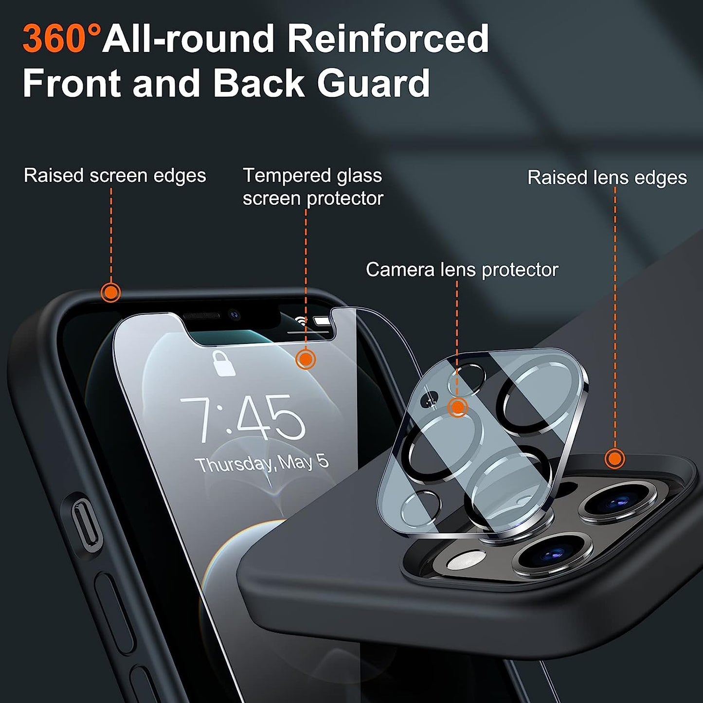 Uyiton [5 In1] Liquid Silicone Iphone 12 Pro Max Case, [Drop Protection] [Full Covered] Shockproof Slim Thin Cover with Microfiber Lining, with 2Xscreen Protector +2Xcamera Lens Protector-Black  Uyiton   