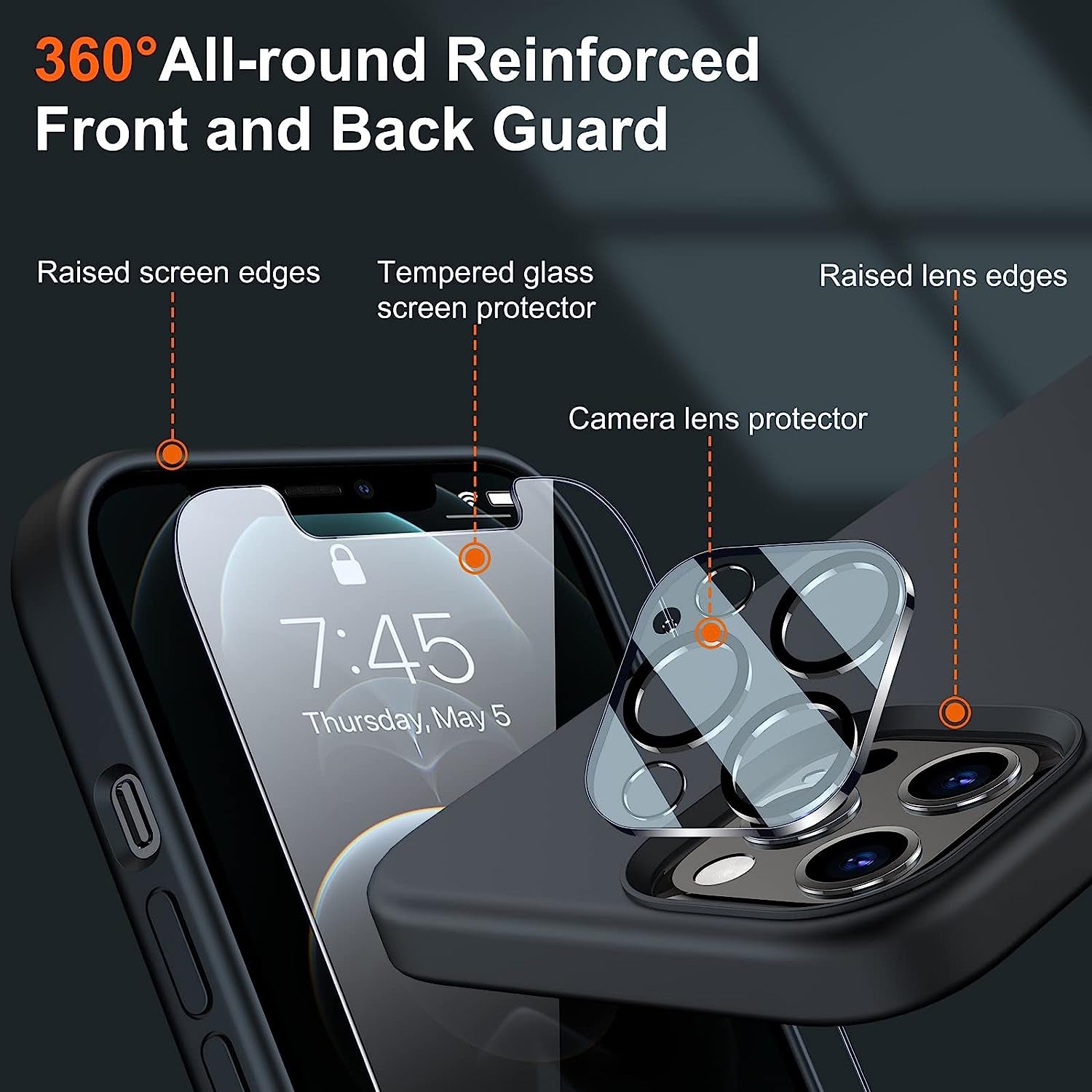 Uyiton [5 In1] Liquid Silicone Iphone 12 Pro Max Case, [Drop Protection] [Full Covered] Shockproof Slim Thin Cover with Microfiber Lining, with 2Xscreen Protector +2Xcamera Lens Protector-Black  Uyiton   