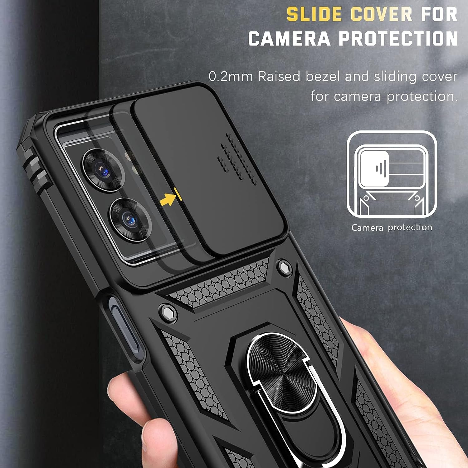 For Oneplus Nord N300 5G Case + Tempered Glass Screen Protector with Kickstand & Slide Lens Protector Cover,Heavy Duty Armor Shockproof Rugged Military Grade Protective Case for Oneplus N300 5G（Black)  Dretal   