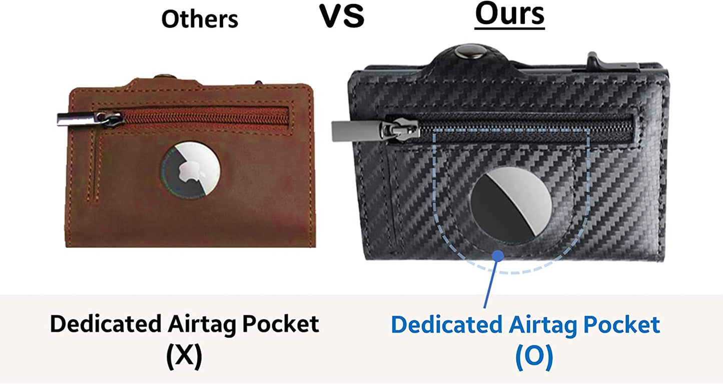 Airtag Wallet Genuine Premium Leather Credit Card Money Holder Airtag Cover Air Tag Case Automatic Pop up Wallet Aluminum Slim Pocket Bifold (Carbon Fiber)  Generic   