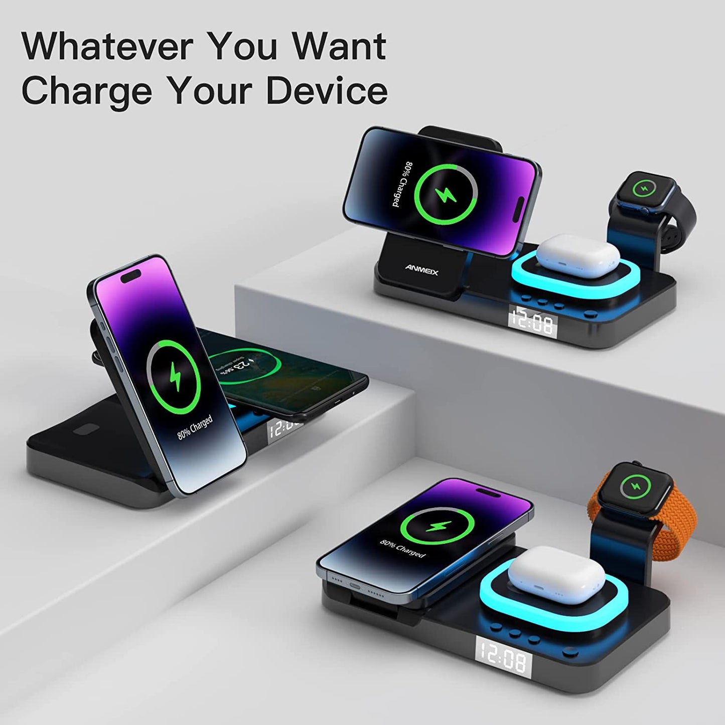 Magnetic Wireless Charger,3 in 1 Magnetic Charging Station,For Mag-Safe Charger with QC3.0 Adapter, for Iphone 14/13/12/11/X/8, for Iwatch, for Airpods 3/2/Pro, for Samsung Galaxy Z Fold3/4  Anmeix   