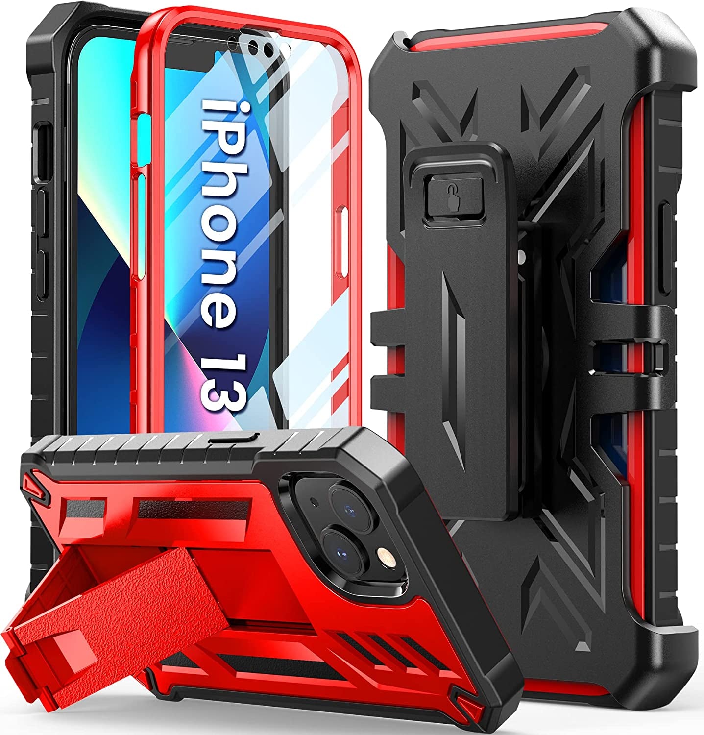 For Iphone 13-14 Case Protective Cover: Heavy Duty Military Grade Hard Protection with Belt Clip | Shock Proof Grip Durable Design Iphone 13 Cell Phone Case with Built-In Kickstand (Belt-Clip Black)  DAMAI Red Belt-clip  