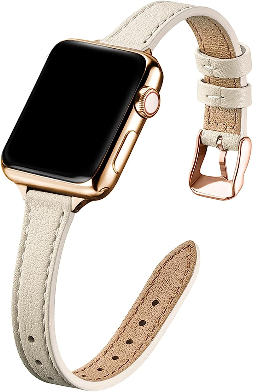 STIROLL Slim Leather Bands Compatible with Apple Watch Band 38Mm 40Mm 41Mm 42Mm 44Mm 45Mm 49Mm, Top Grain Leather Watch Thin Wristband for Iwatch Ultra SE Series 8/7/6/5/4/3/2/1  STIROLL Beige with Gold 38mm/40mm/41mm 