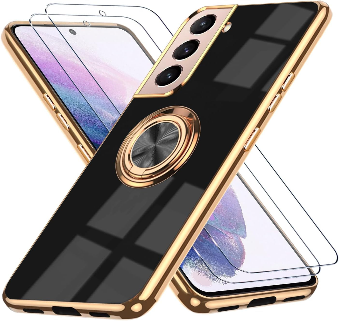 ZOEVEES for Samsung Galaxy S21 plus 5G Case, with 2 Screen Protector, Built-In 360° Ring Holder Magnetic Stand, Luxury Electroplated Plating Edge Shockproof Protective Phone Cover, Gray  ZOEVEES Black Samsung Galaxy S21 Plus 