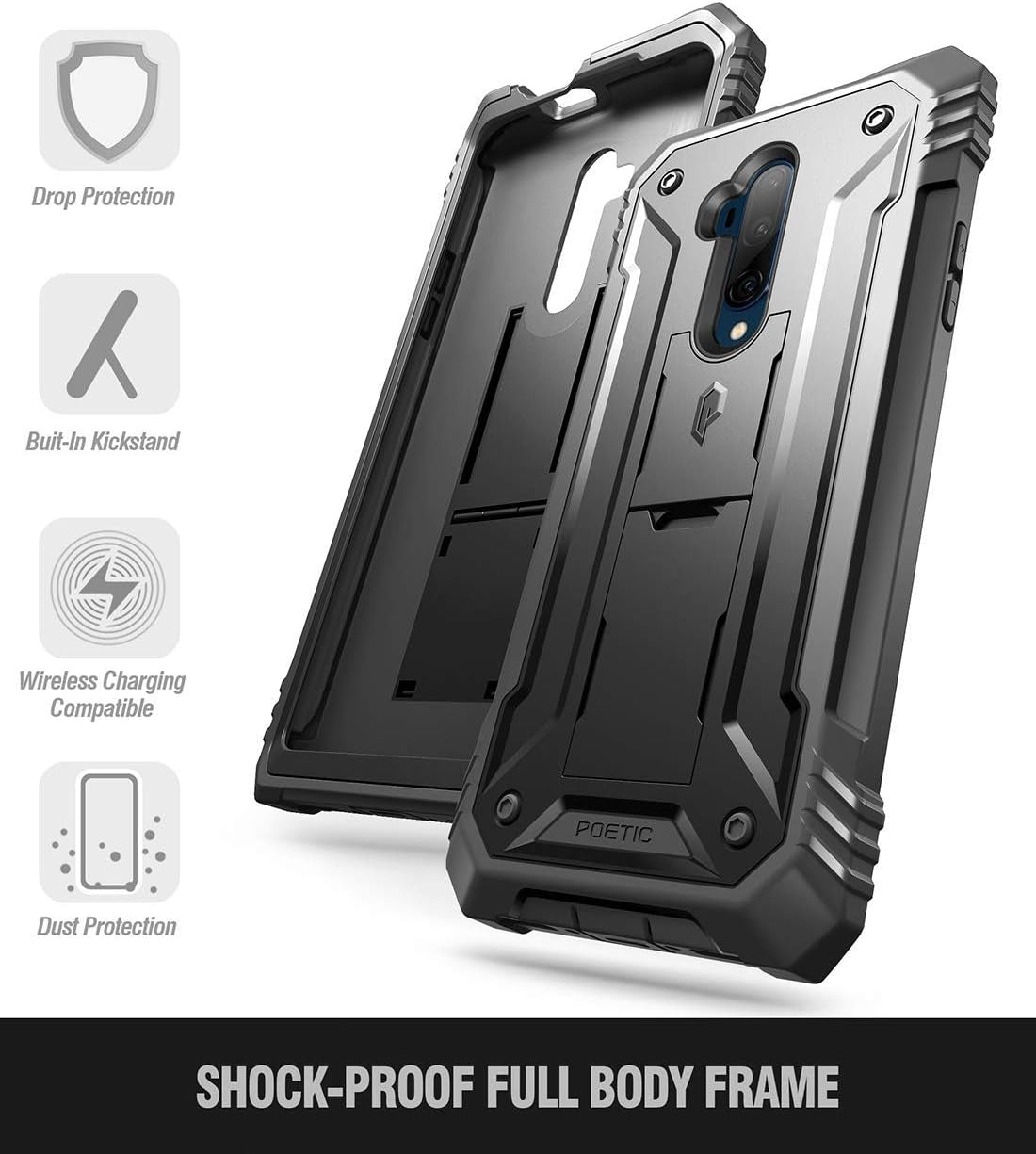 Poetic Revolution Series Designed for Oneplus 7T Pro/Oneplus 7 Pro, Full-Body Rugged Dual-Layer Shockproof Protective Cover with Kickstand and Built-In-Screen Protector, Black  Poetic   