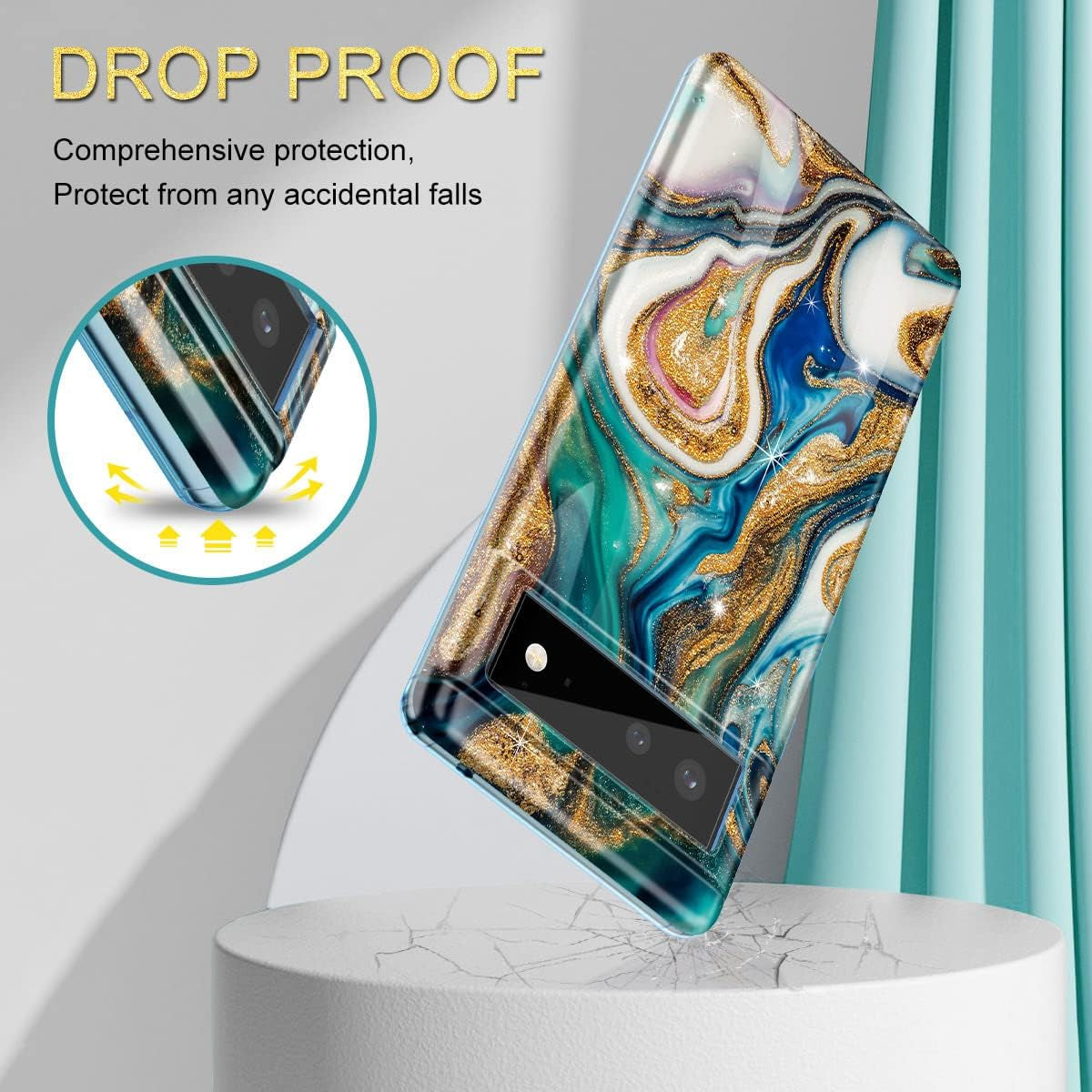 Btscase Gold Glitter Marble - Slim Shockproof Protective Cover for Google Pixel 6 (2021) - Blue/Drift Sand  Btscase   