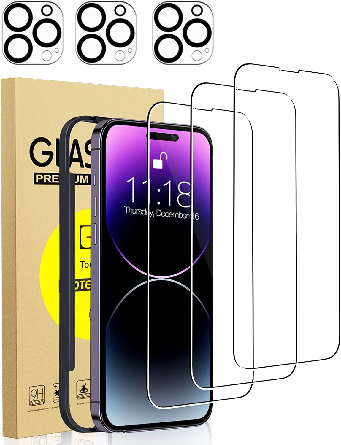 Totexil 3 Pack Screen Protectors for Iphone 14 Pro 6.1 Inch with 3 Pack Camera Lens Protectors, Ultra HD Clear Screen Tempered Glass, Scratch Resistant, 9H Hardness,Easy Installation Frame,Bubble Free  Totexil   