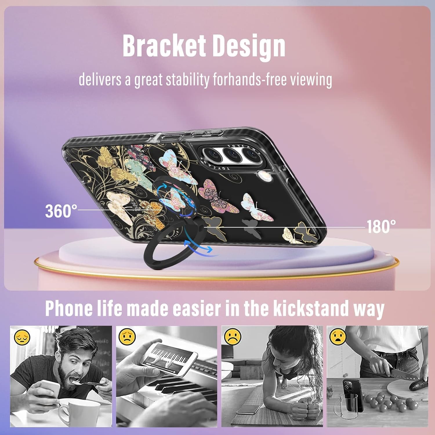 Toycamp for Samsung Galaxy S22 Case for Women, Colorful Butterfly Cute Girly Print Design for Girls Teens Case with Ring Kickstand (6.1 Inch), Black  Toycamp   