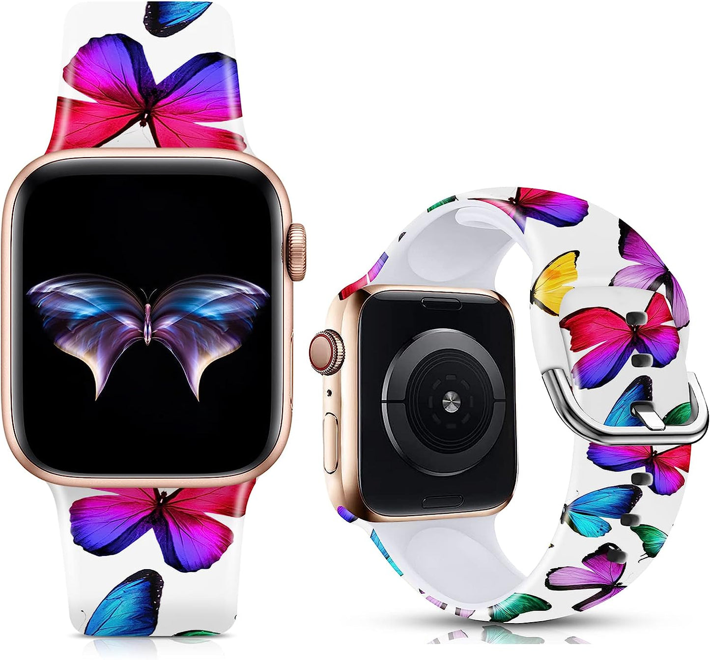 IKANFI Bands Compatible with Apple Watch Band 38Mm 40Mm 41Mm 42Mm 44Mm 45Mm for Women Men Silicone Floral Pattern Printed Band Strap for Iwatch Band SE Series 7 6 5 4 3 2 1 Wristband  IKANFI Butterfly 42mm/44mm/45mm M/L 
