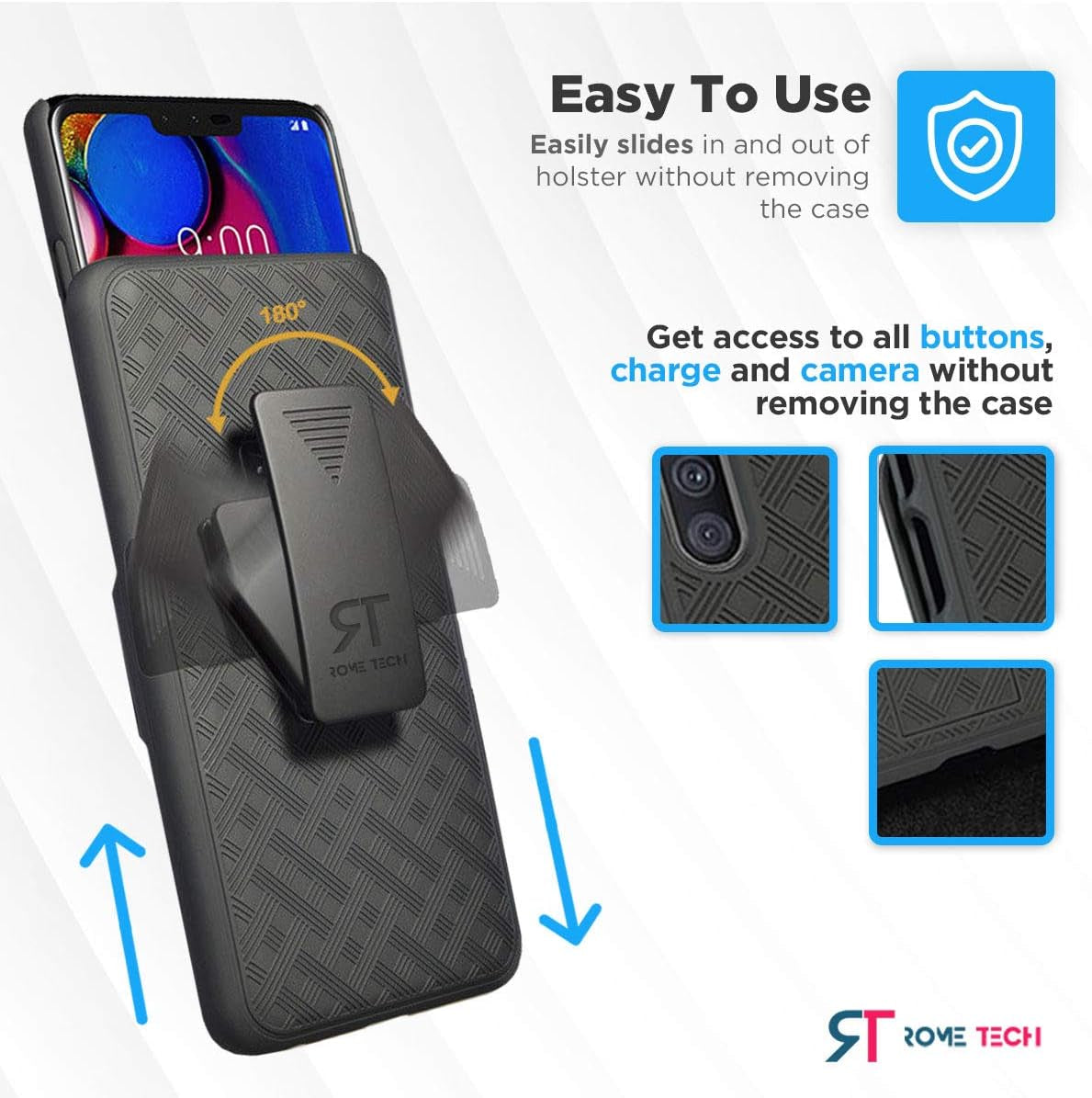 Rome Tech Holster Case with Belt Clip for LG V40 / V40 Thinq - Slim Heavy Duty Shell Holster Combo - Rugged Phone Cover with Kickstand Compatible with LG V40 - Black  Rome Tech   