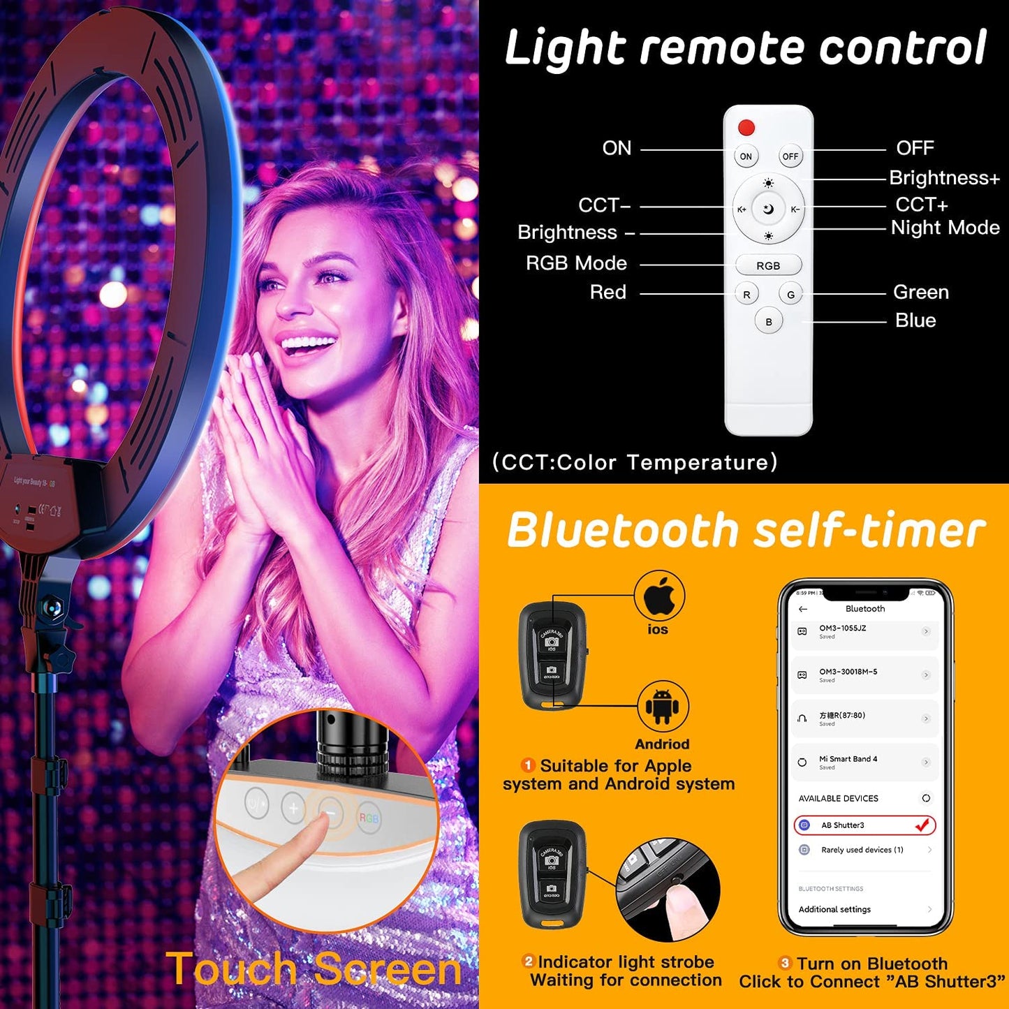 RGB Ring Light 18 Inch with Tripod Stand (2700-7000K) for Phone Camera Ipad Selfie Live Stream Youtube Tiktok Video Shooting Best Lighting Atmosphere Ringlight (18 Inch)  Auriani   