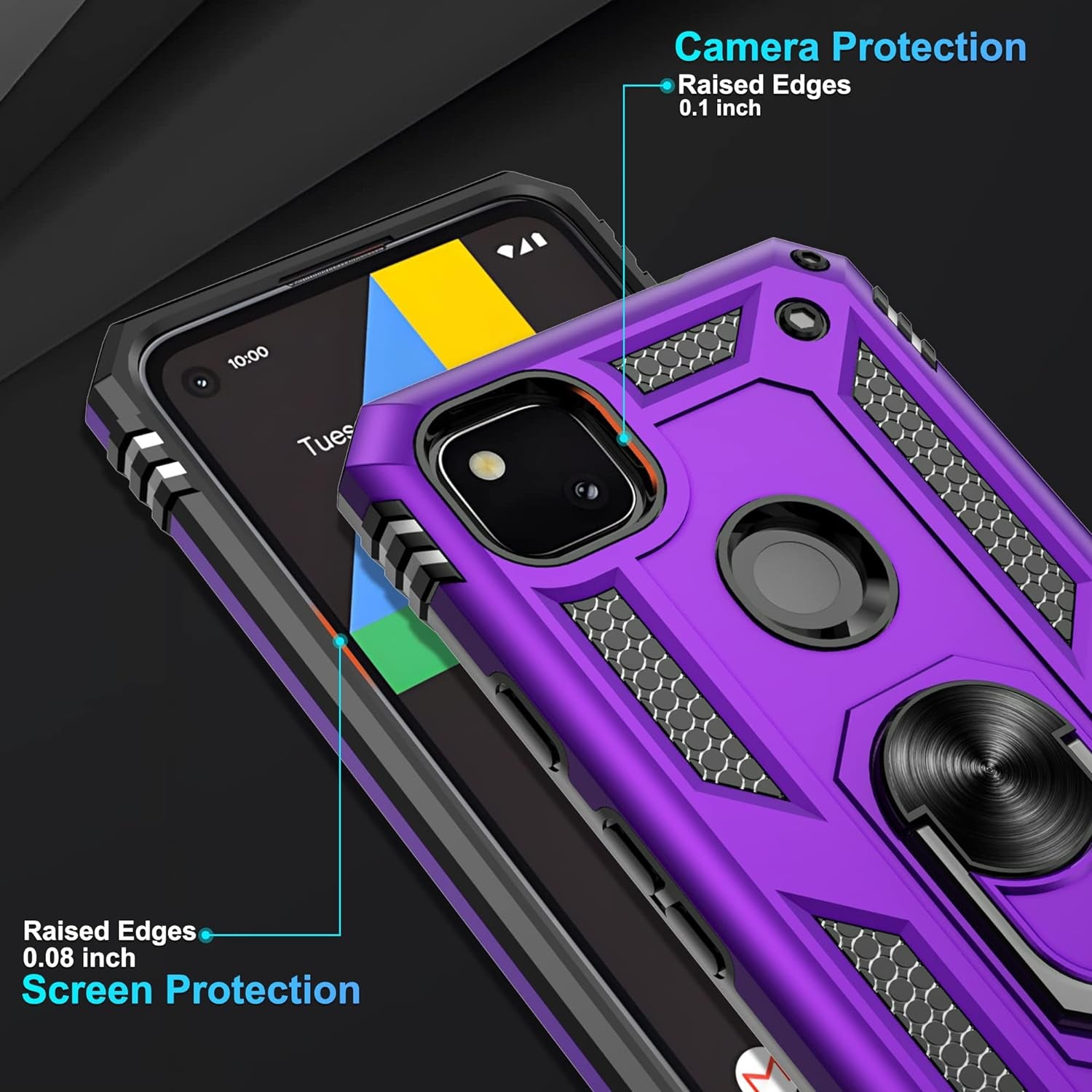 Gritup Google Pixel 4A Case (No Fit for Pixel 4A 5G) with HD Screen Protector, Military-Grade Protective Heavy Duty Phone Case with Magnetic Kickstand Ring for Google Pixel 4A Purple  Gritup   