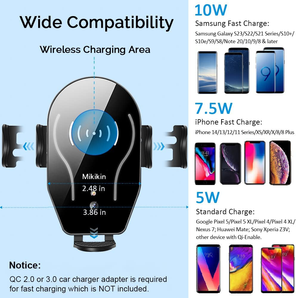 Wireless Car Charger Mount, Mikikin Auto-Clamping Qi 10W 7.5W Fast Charging Car Phone Holder Air Vent Compatible with Iphone 14 13 12 Pro Max Mini 11 XR XS X, Samsung Galaxy S23 S22 S21+ S10+ Note 20  Mikikin   