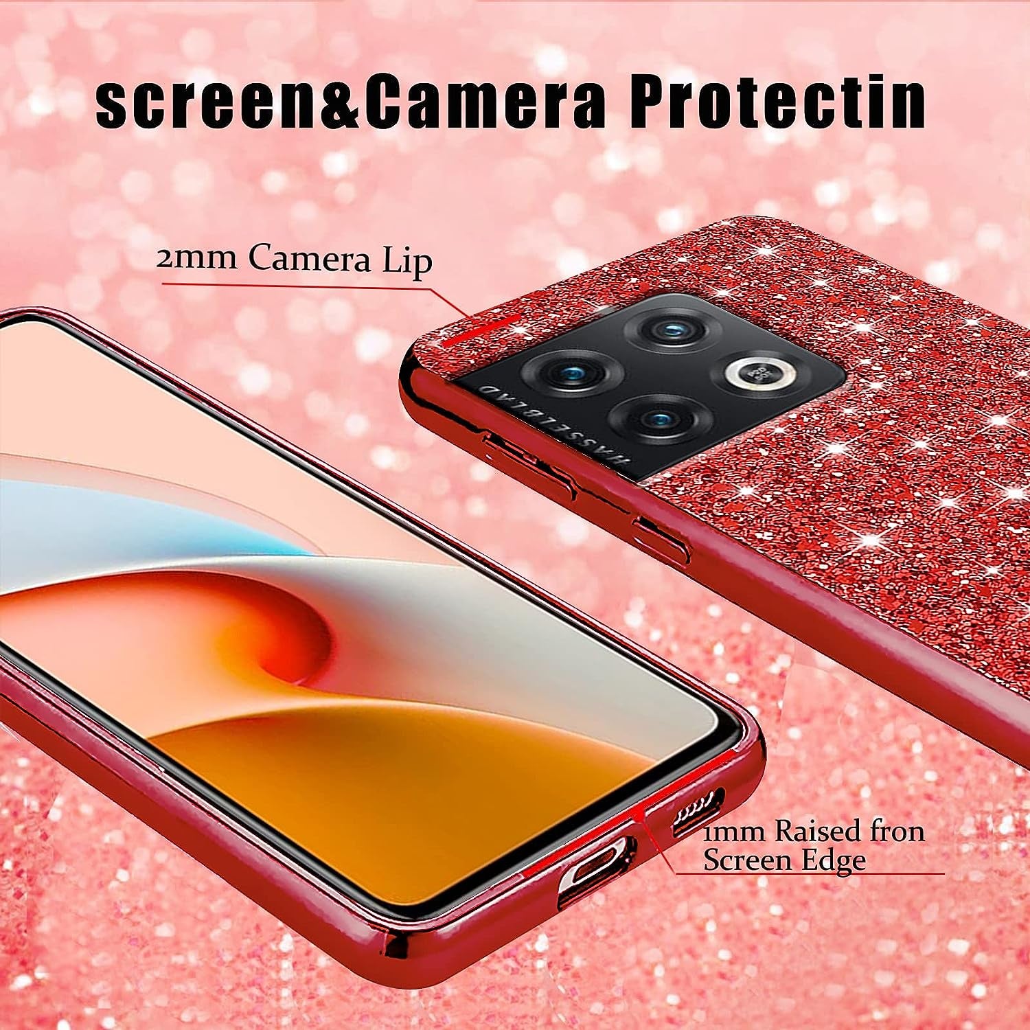 Jancyu Compatible with Oneplus 10 Pro Case, Shockproof Phone Cases for Oneplus 10 Pro Glitter Protective Cover for Women Cute Accessories (Red)  Jancyu   