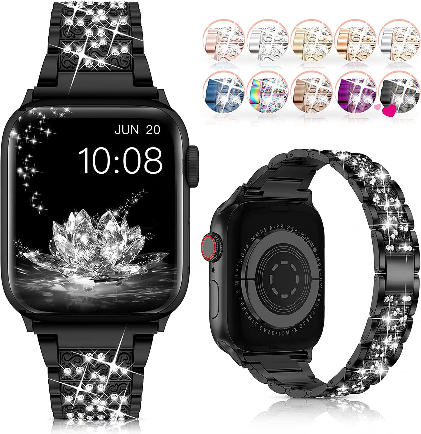 LELONG for Apple Watch Band 38Mm 40Mm 41Mm Series 8 7 6 5 4 3 2 1 SE Ultra for Women, Bling Replacement Bracelet Iwatch Band, Sparkle Diamond Rhinestone Stainless Steel Metal Wristband Strap  LELONG AD-Black 38mm/40mm/41mm 