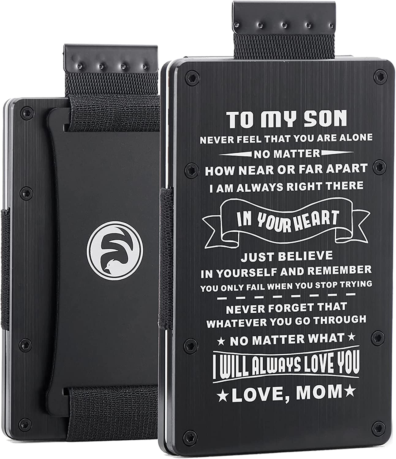 Men Minimalist Metal Engraved Wallet for Son Dad Husband Boyfriend | Slim Front Pocket RFID Blocking Aluminum Tactical Card Holder with Cash Strap | Personalized Birthday Christmas Graduation Gift  FeiYen For son from mom 1-Brushed black  