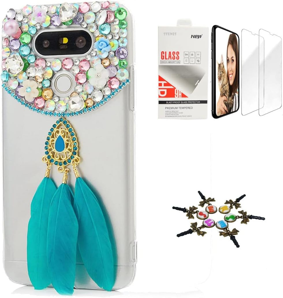 STENES Bling Case Compatible with LG Aristo 2 - Stylish - 3D Handmade [Sparkle Series] Agate Butterfly Fairy Mask Design Cover with Screen Protector [2 Pack] - Colorful  STENES Feather / Colorful Design For Lg K10 2017 / Lg K20 