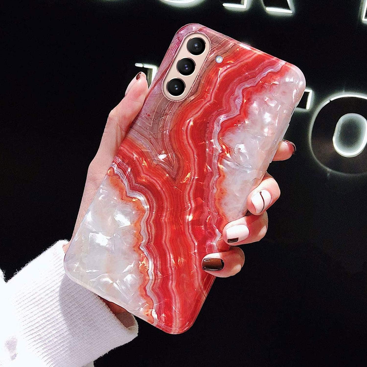 J.West Galaxy S21 plus Case 5G 6.7-Inch, Luxury Sparkle Red Agate Marble Print Translucent Clear Glitter Pearly Design Soft Silicone Cover for Women Girls Slim TPU Sturdy Protective Phone Case Red  J.west   