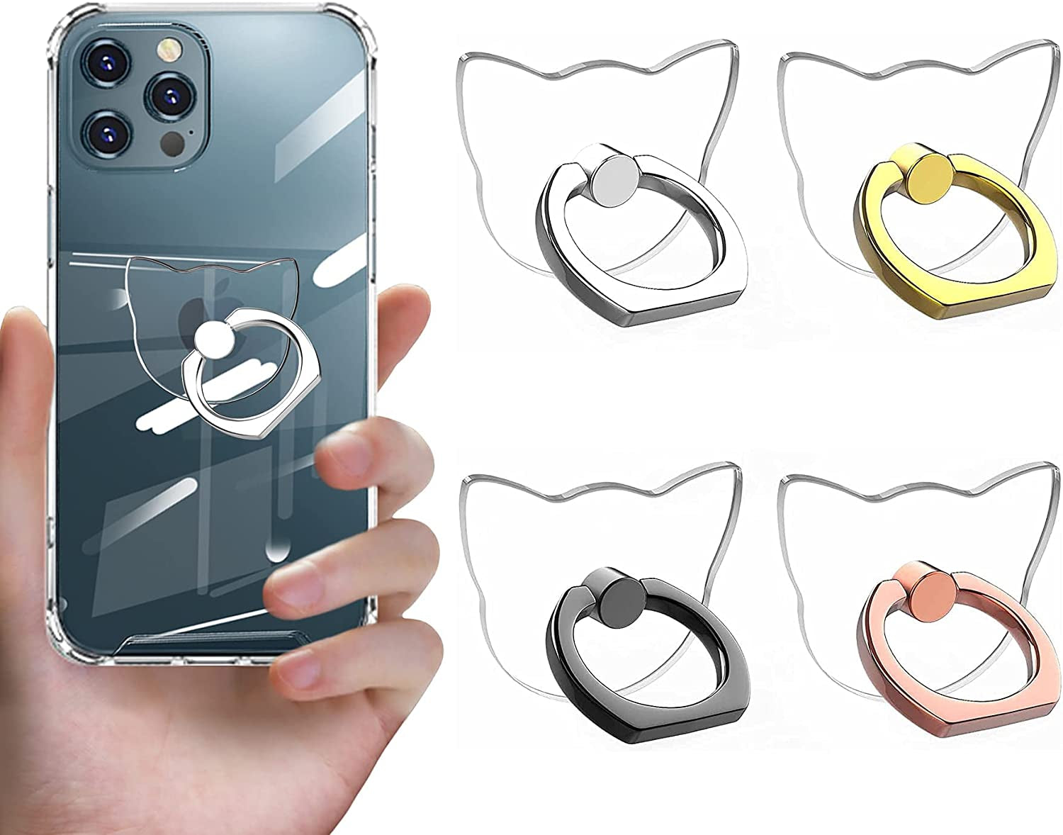 Vesmatity Colorful Cell Phone Ring Holder Stand 4 Pack Transparent Phone Ring Holder Clear Universal 360° Degree Rotation Finger Grip Ring Kickstand Compatible Various Mobile Phones or Phone Case  VESMATITY cat-black sliver gold Rose gold-  