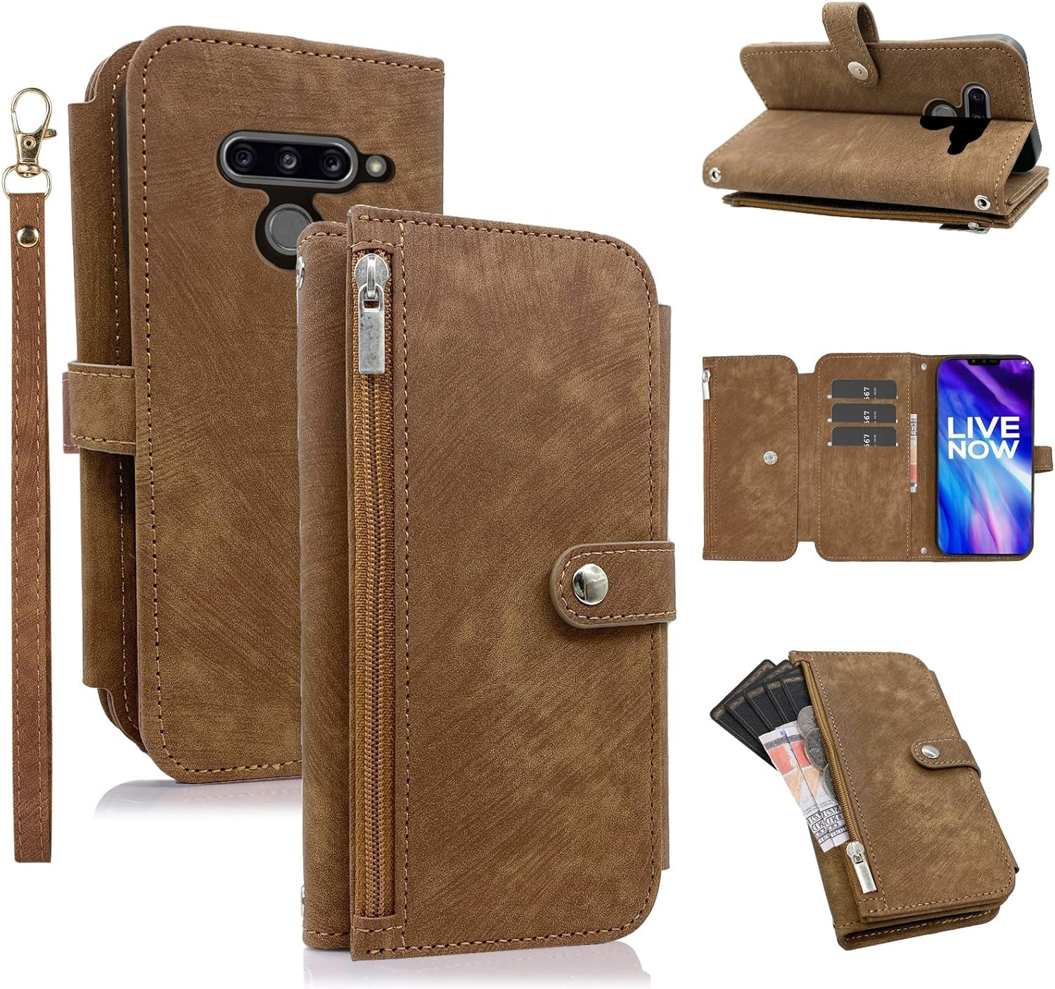 Compatible with LG V40 Thinq Wallet Case Flip Credit Card Holder Cell Phone Cover for Folio Purse Lanyard Wrist Strap Rugged Slot Mobile LGV40 Storm V 40 Thin Q V40Thinq LG40 40V 40Thinq Women Brown  Furiet   