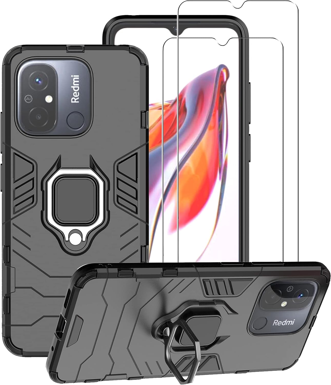 ZMONE Phone Case for Xiaomi Redmi 12C Case with Glass Screen Protector [2 Pack] Heavy Duty Dual Layer Military Grade Shockproof Protective Cover with Magnetic Ring Kickstand - Black  Chengmi   