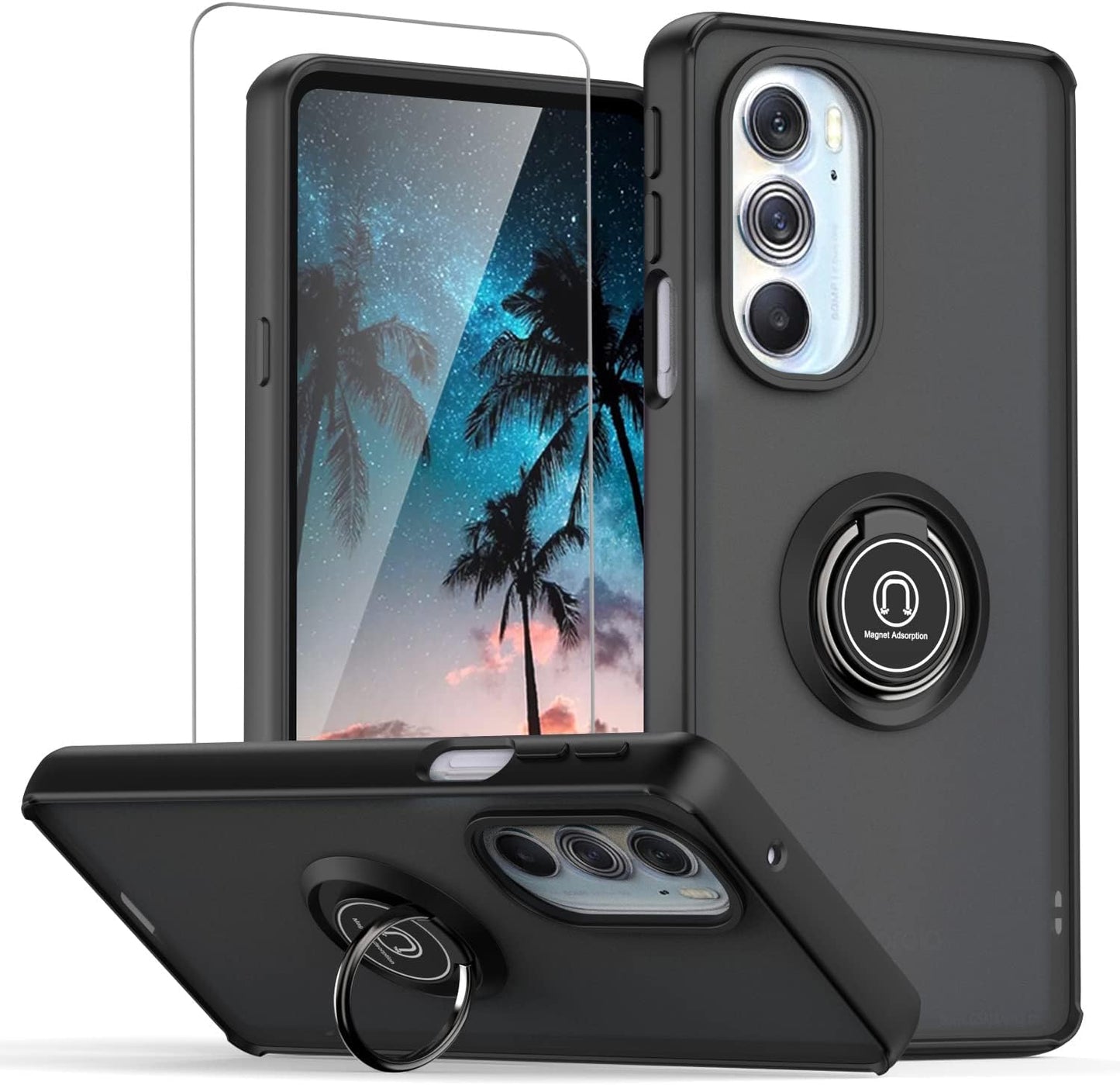 TJS for Motorola Moto Edge plus 2022 / Moto Edge+ 5G UW 2022 / XT2201 / Edge 30 Pro Case with Tempered Glass Screen Protector Metal Ring Kickstand Magnetic Support Protection Phone Case (Light Blue)  TJS Black  