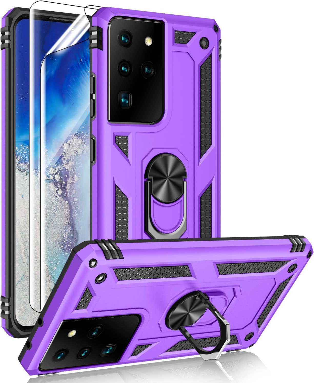Samsung Galaxy S21 Ultra 5G Case with HD Screen Protectors, Androgate Military-Grade Metal Ring Holder Kickstand 15Ft Drop Tested Shockproof Cover Case for Samsung Galaxy S21 Ultra Black  E&M Tek Purple  