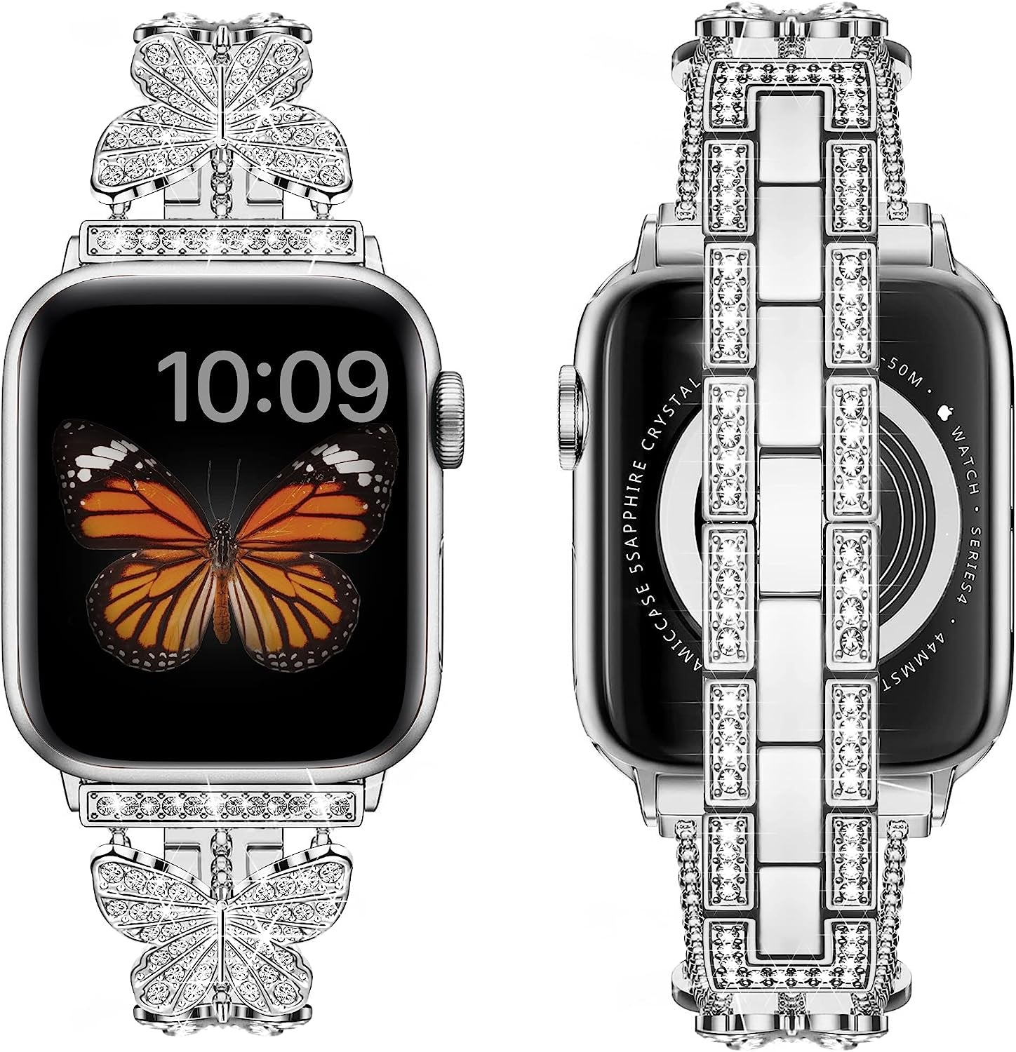 Apple Watch Band Metal Compatible with Apple Watch Ultra Series 8 SE 7 6 5 4 3 2 1, Iwatch Bands for Women Girl, Jewelry Bling Diamond Butterfly Apple Watch Bands for Iwatch 40Mm 38Mm 41Mm (Starlight)  Aniaboho Silver 42mm 44mm 45mm 49mm 