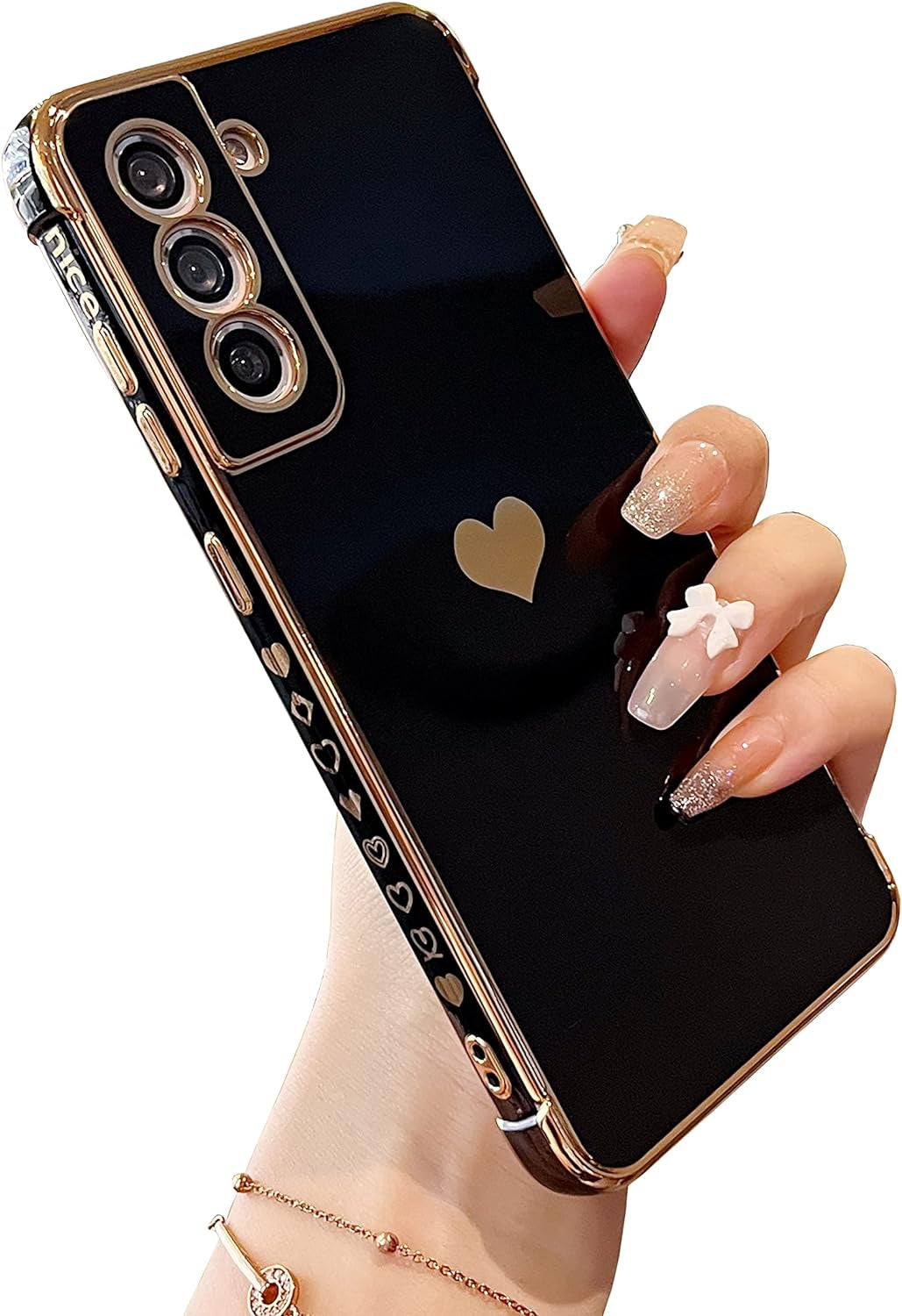 DEFBSC Compatible with Samsung Galaxy S22 plus Case, Electroplated Edge Love Heart Case with Wrist Strap, Full Camera Protection Raised Reinforced Corners Shockproof Soft TPU Cover, White  DEFBSC Black Samsung Galaxy S22 Plus 