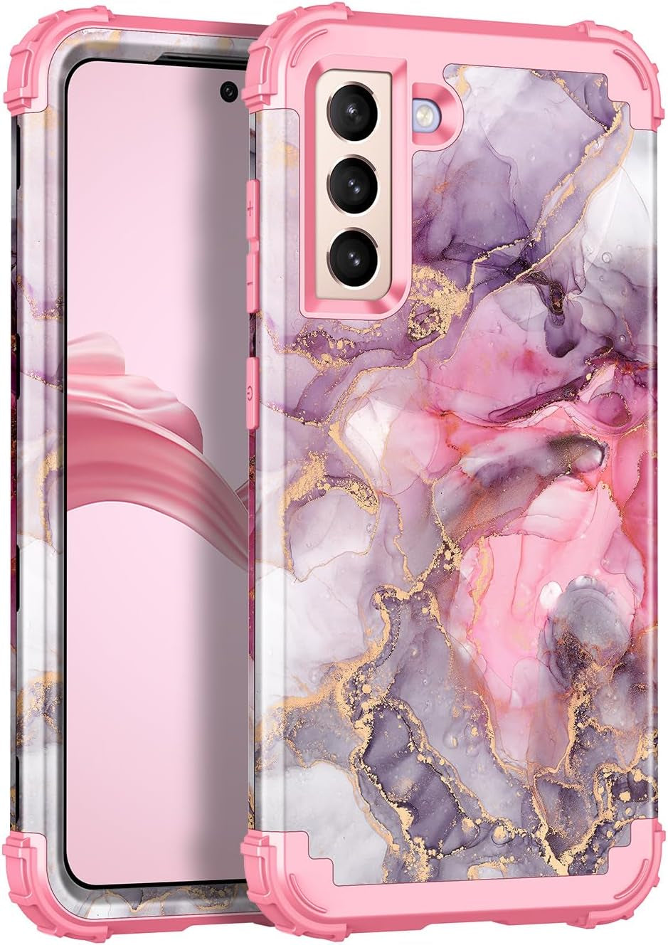 Casetego for Galaxy S21 5G Case,Floral Three Layer Heavy Duty Sturdy Shockproof Soft Tpu+Hard PC Protective Cover Case for Samsung Galaxy S21 5G 6.2 Inch,Orange/Black  Casetego Pink Marble  