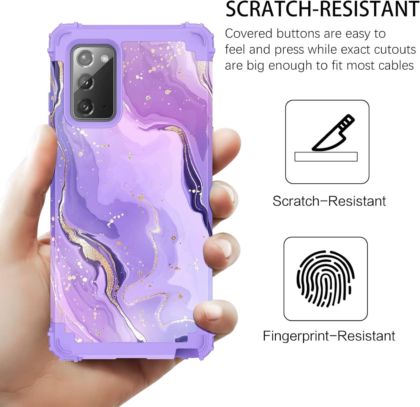 DUEDUE for Samsung Galaxy Note 20 Case, Marble Pattern Heavy Duty Rugged Shockproof Drop Protection 3 in 1 Hybrid Hard PC Cover Soft Silicone Bumper Phone Case for Samsung Note 20, Purple/Marble  DUEDUE   