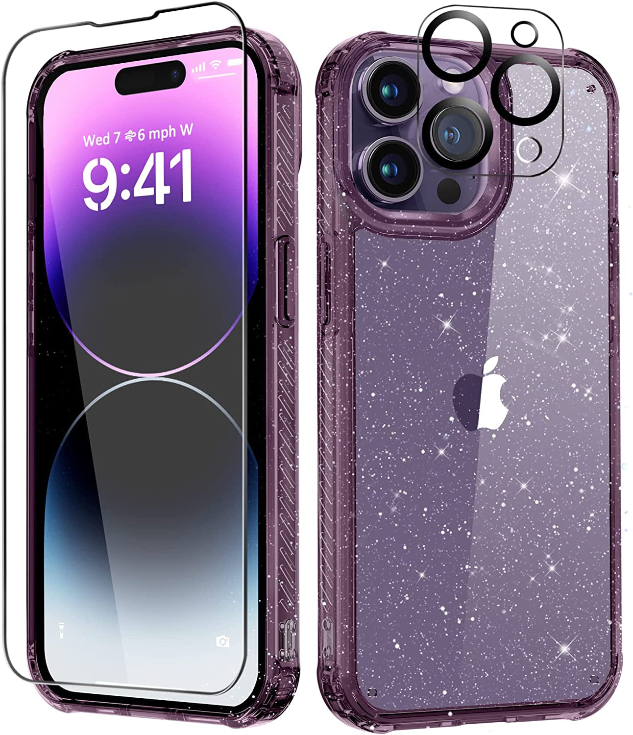 MIODIK Clear Glitter Case for Iphone 14 Pro, [Military-Grade Protective] with Screen Protector + Camera Protector, [Non-Yellowing] Slim Shockproof Women Cute Bumper Cover 6.1" 2022 (Sparkle Clear)  MIODIK Purple  