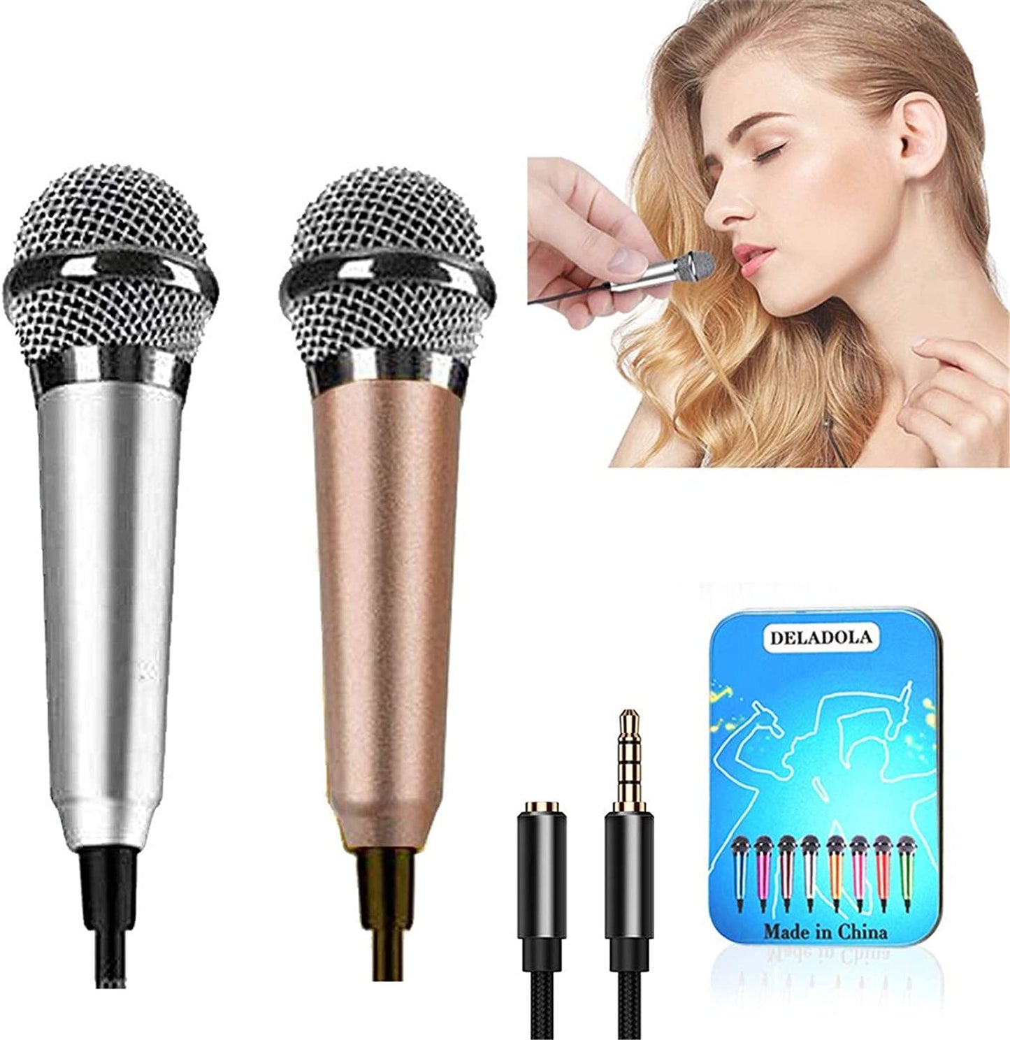 Mini Microphone,Portable Vocal Tiny Microphone, Asmr Microphone,Phone Microphone, Mini Karaoke Microphone for Voice Recording Chatting and Singing on Iphone,Android,Laptop Notebook（Silver）  DELADOLA Rose gold + silver  