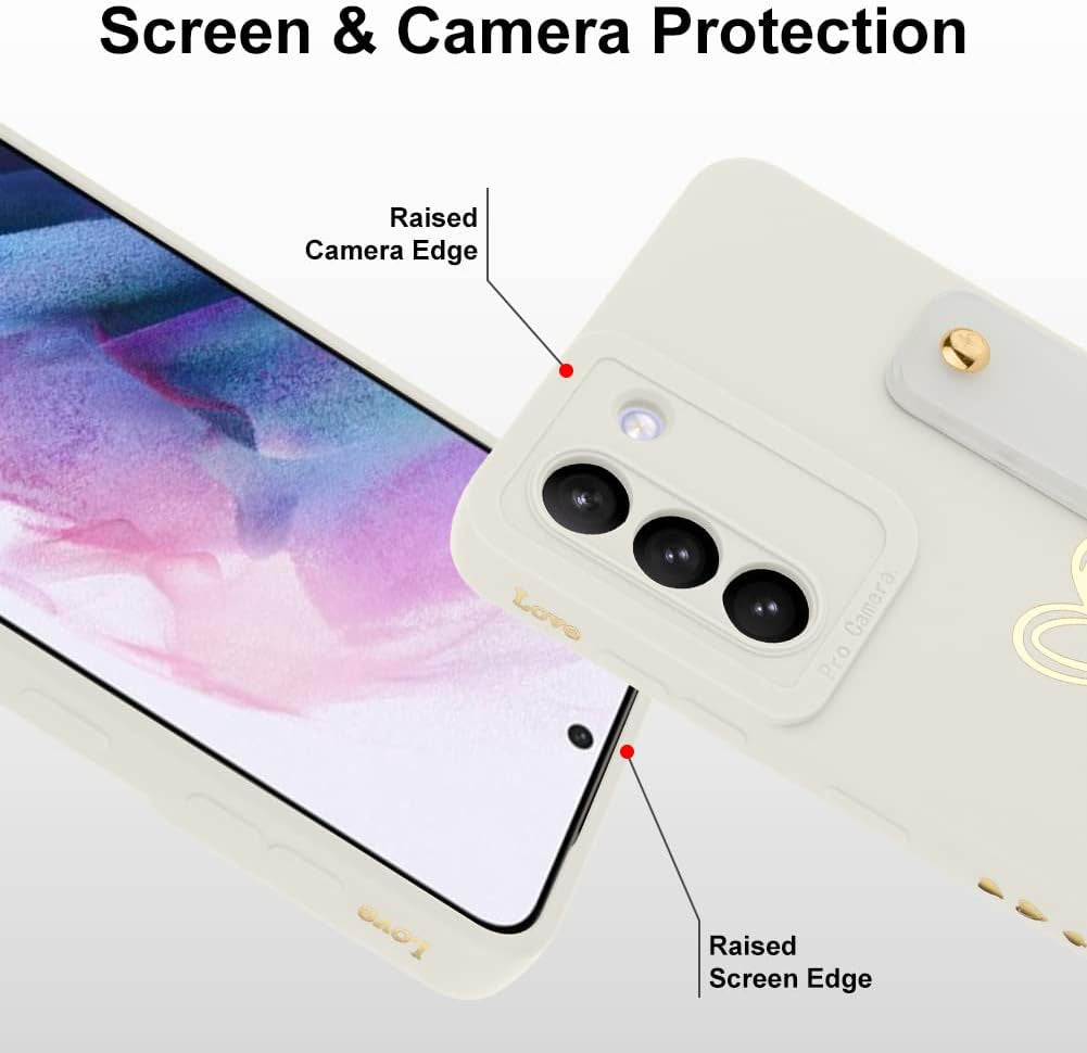 Fiyart Designed for Galaxy S21 5G Case with Phone Stand Holder Cute Love Hearts Pattern Slim Protective Camera Protection Cover with Wrist Strap for Women Girls for Galaxy S21 5G 6.2"-White  Fiyart   