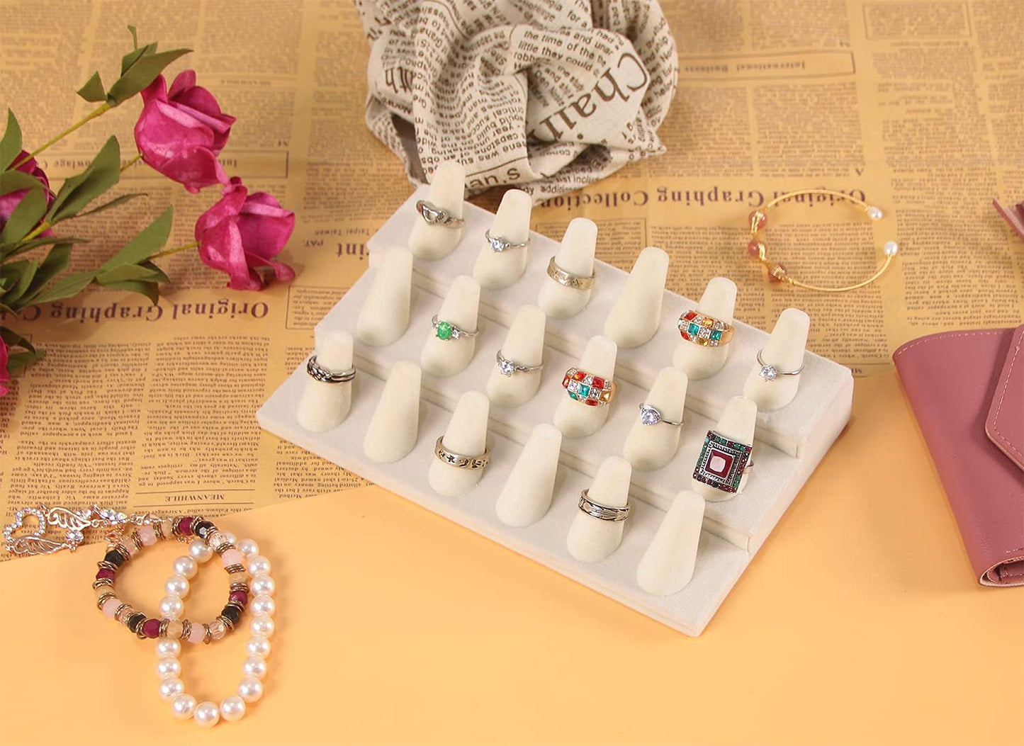 Byken Jewelry 18 Fingers Ring Holder Display Stand (White Velvet)  ByKen Jewelry   