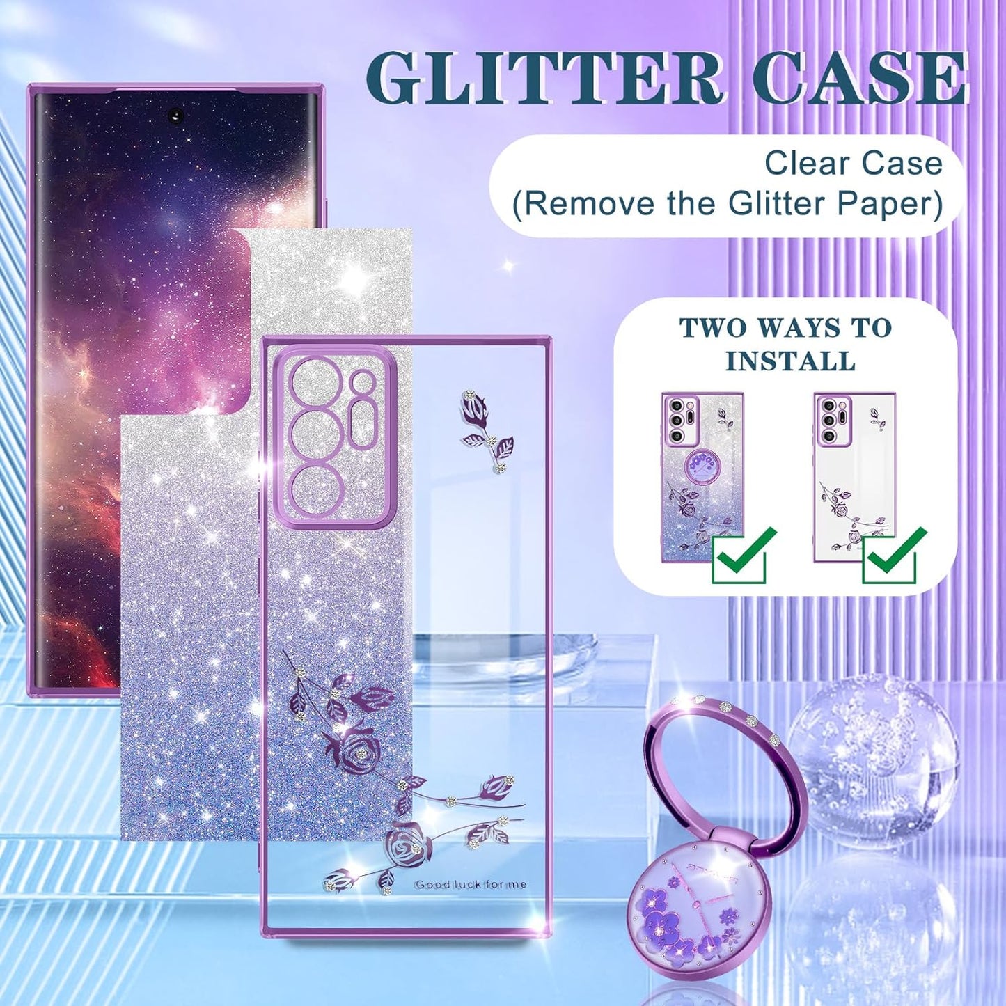 Coralogo (3In1 for Samsung Galaxy Note 20 Ultra Case Glitter Sparkly for Women Girls Bling Shiny Phone Cover Cute Flowers Floral Design with Ring Pretty Purple Cases for Galaxy Note 20 Ultra 5G 6.9''  Coralogo   