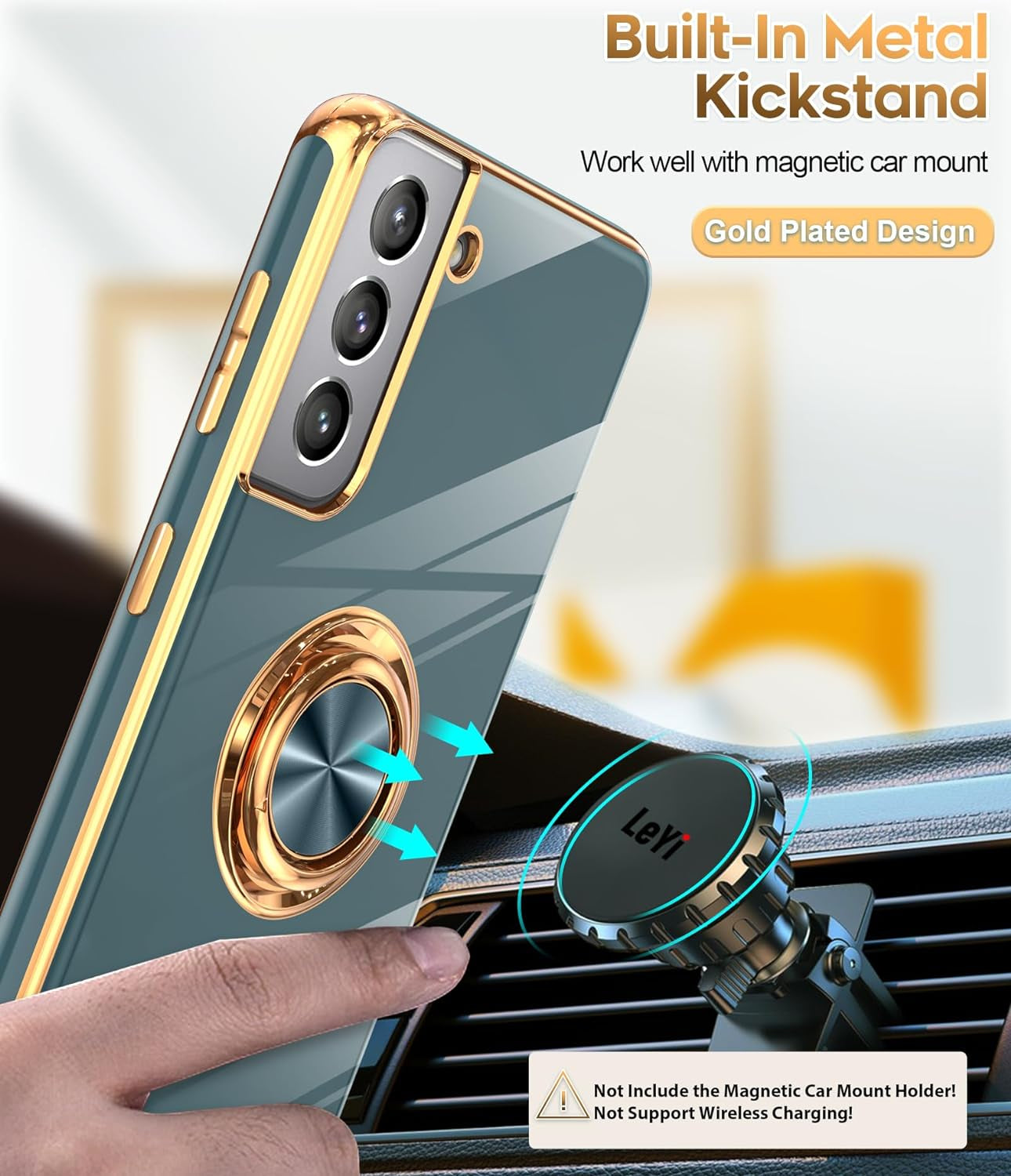 Leyi for Samsung Galaxy S21 plus Case 360° Rotatable Ring Holder Magnetic Kickstand, Plating Rose Gold Edge Protective Case, Grey  LeYi   