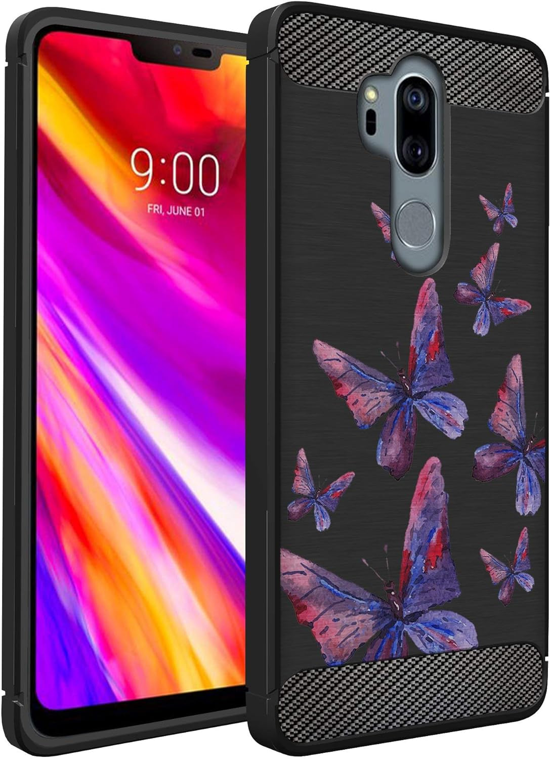 Casesondeck Case Compatible with [LG G7 / LG G7 Thinq] Tribal Floral Matte TPU Flexible Carbon Fiber Textured (Horse Tribal)  CasesonDeck Purple Butterfly  