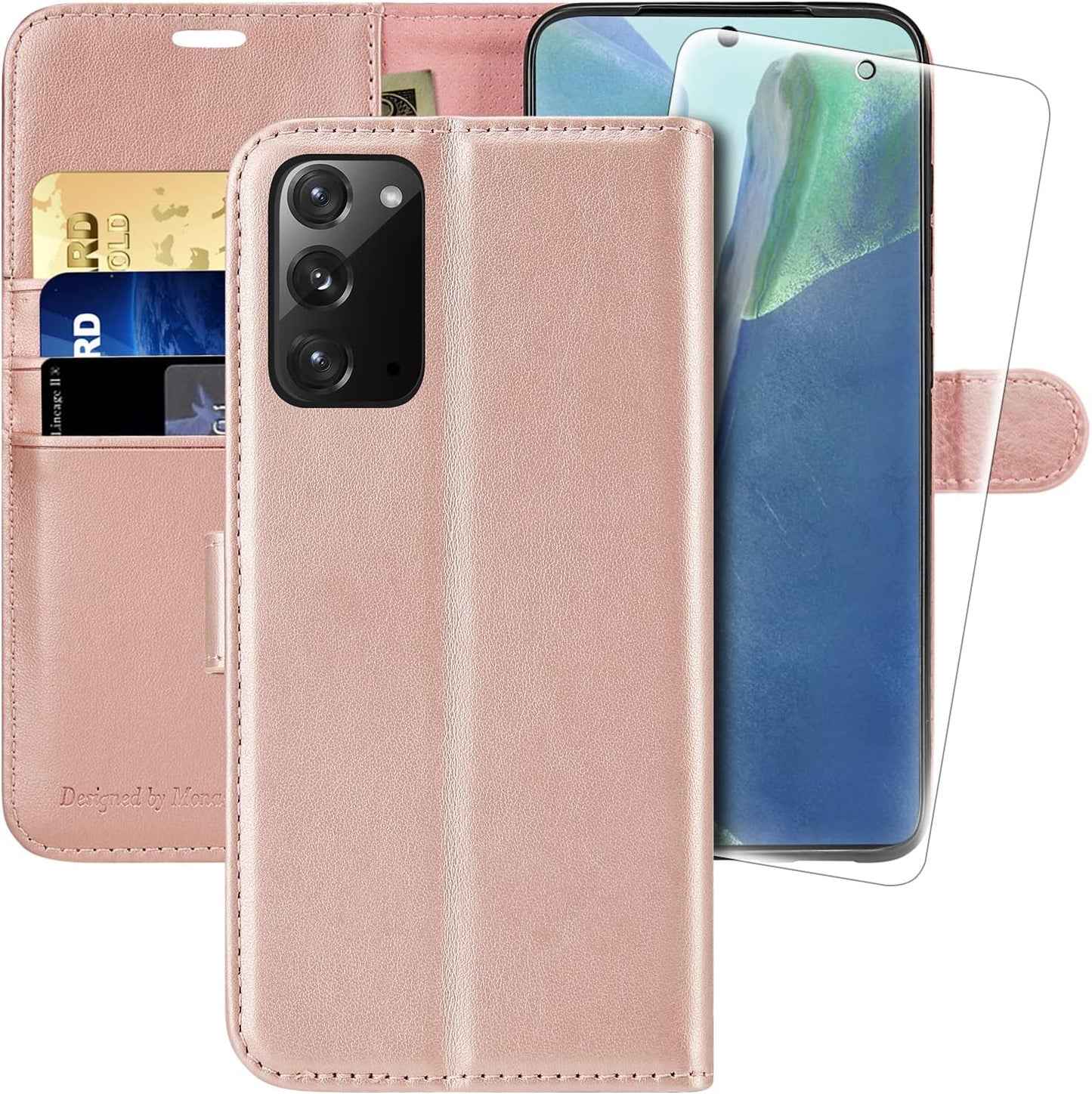 MONASAY Galaxy Note 20 5G Wallet Case, 6.7 Inch, [Included Screen Protector][Rfid Blocking] Flip Folio Leather Cell Phone Cover with Credit Card Holder for Samsung Galaxy Note 20 5G, Black  MONASAY Rosegold  